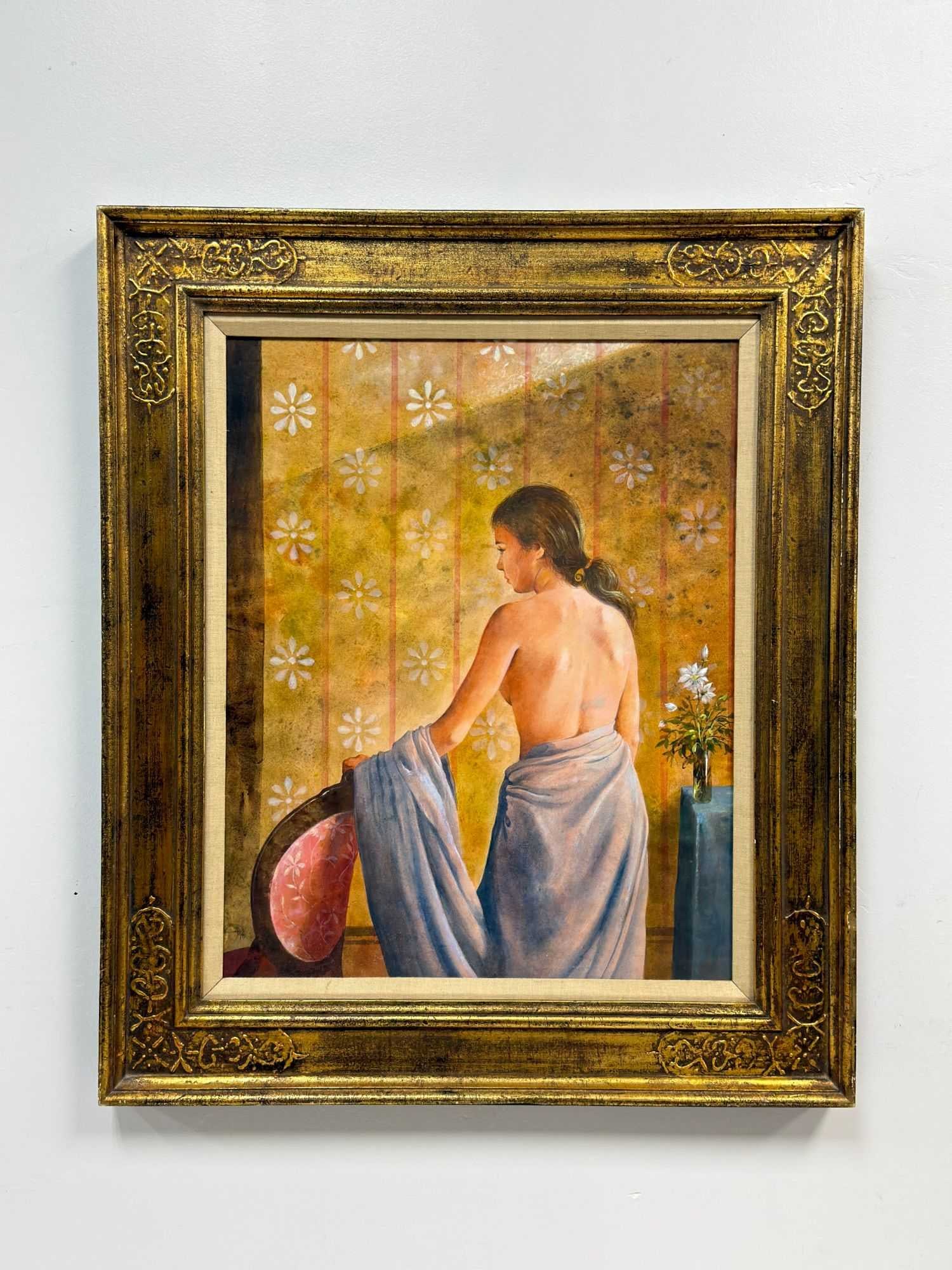 Don Lord (American, 20th Century) Back Nude, Watercolor on Paper: This original painting by Don Lord, titled Back Nude, is executed in watercolor on paper. The work depicts a female figure from behind, partially draped in a blue cloth. The subject is positioned with