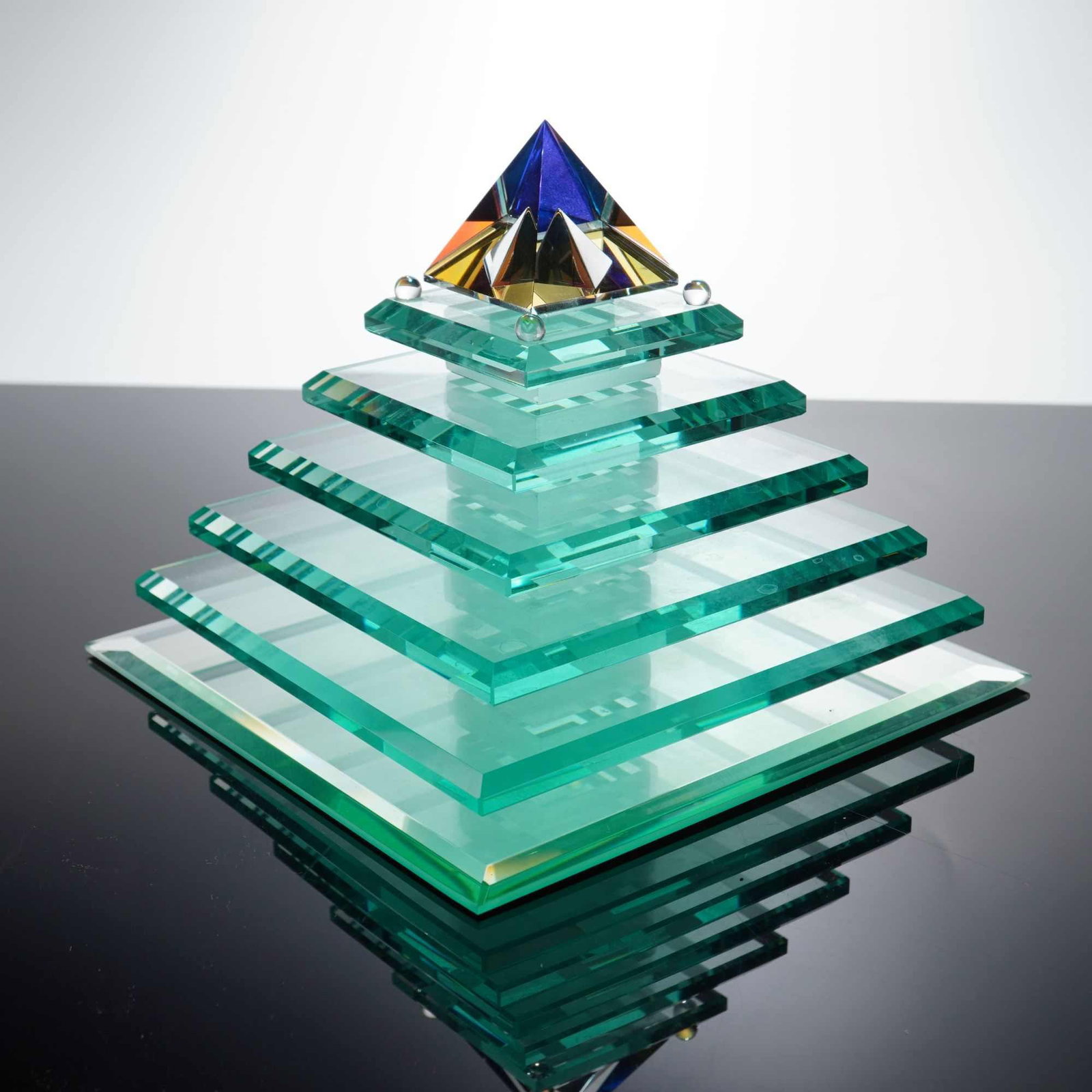 Synergy Studio Art Glass Pyramid Sculpture with Mirror Base Dated 1999 (1 of 4)