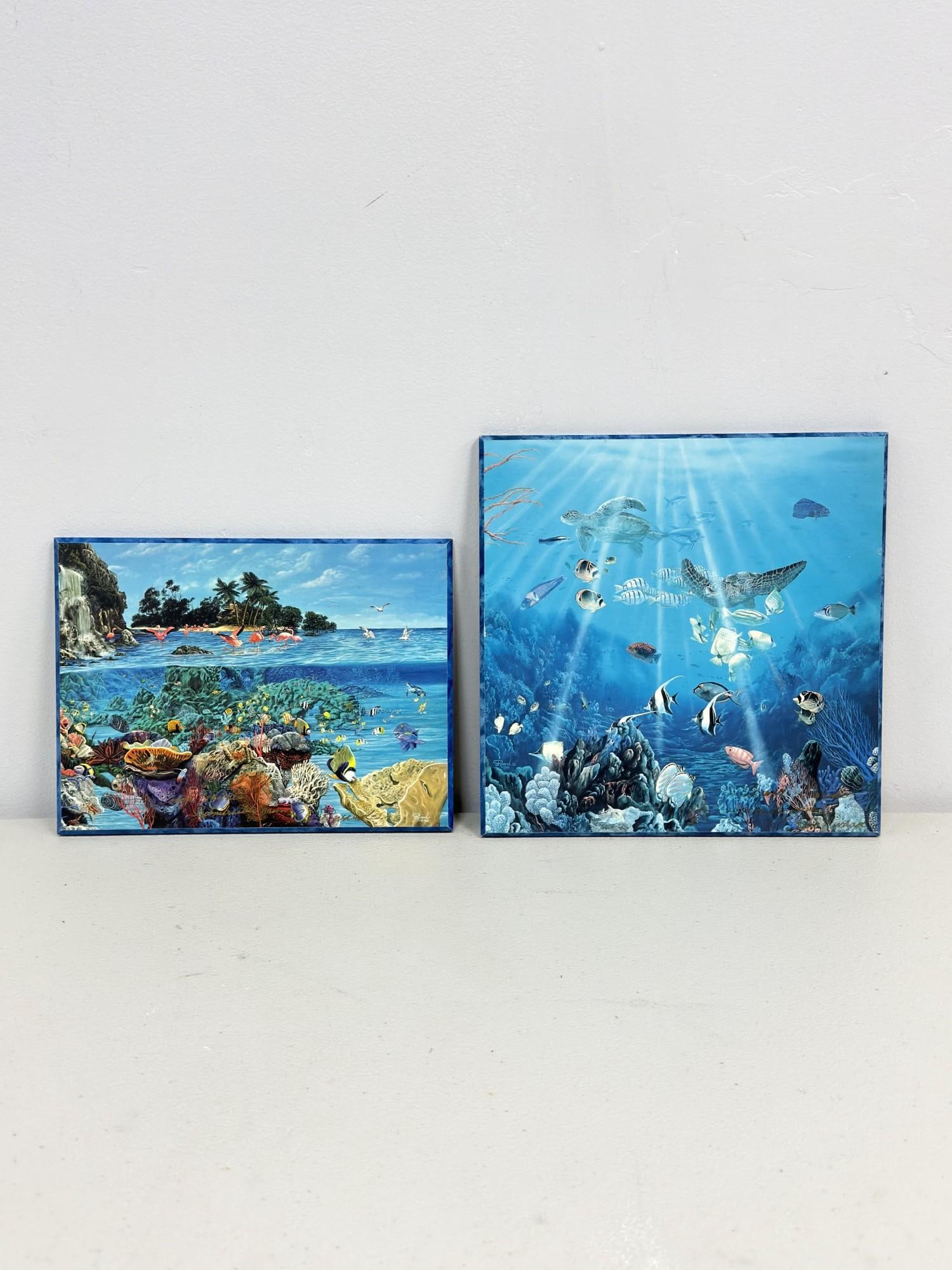 Blu Rivard (American b. 1951) 2pc Digital Prints on Colorplak Board, Passion for Paradise: Two digital prints on board by Blu Rivard (American, b. 1951). These contemporary marine-themed works are mounted to beveled MDF boards using the Colorplak process and finished with blue-painted edges