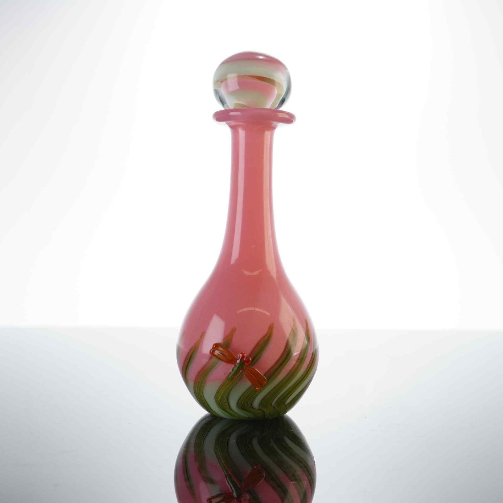 John Gilvey Style Studio Art Glass Dragon Fly Pink and Green Perfume Bottle, Signed (1 of 3)