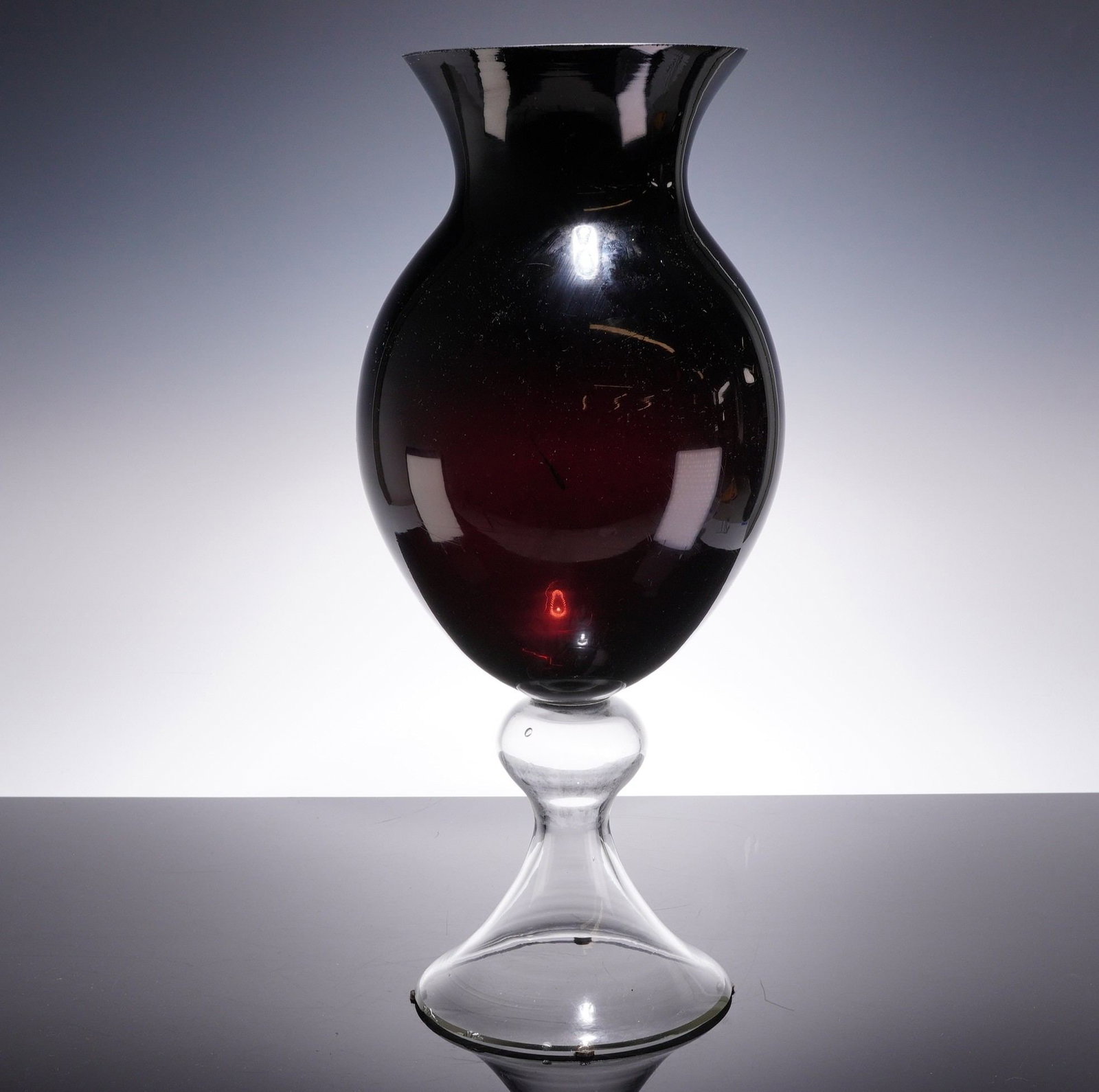 Large Hand-Blown Glass Dark Red and Clear Centerpiece Vase (1 of 3)