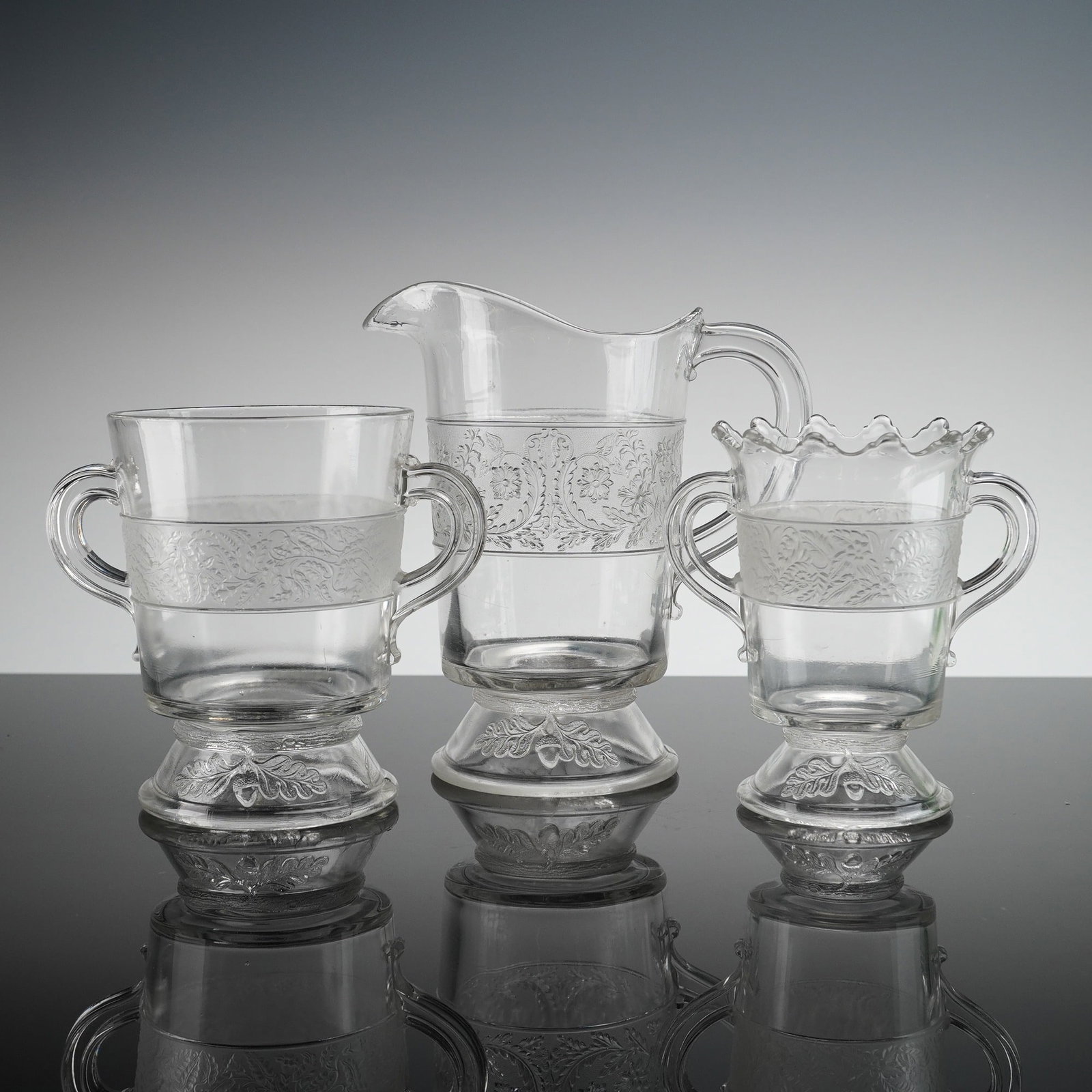 3pc EAPG Glass Pitcher & Dual Handled Vases, Flower Band (1 of 3)