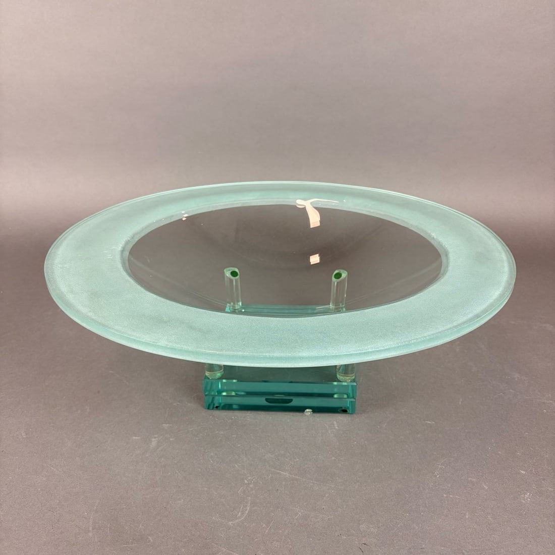Salvatore Polizzi Centerpiece Art Glass Bowl with Base: This oversized architectural art glass centerpiece is the Anti Gravity model designed by Salvatore Polizzi. The work consists of two separate components: a large circular bowl and a geometric pedestal