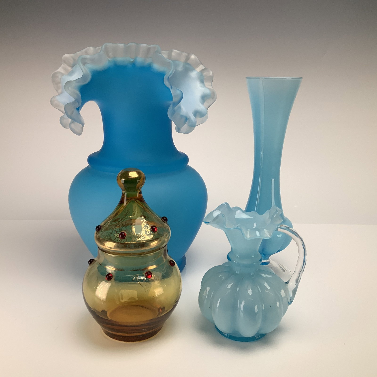 4pc Decorative Glass Vessels, Including Fenton Satin Blue Glass & Italian Blue Glass (1 of 4)