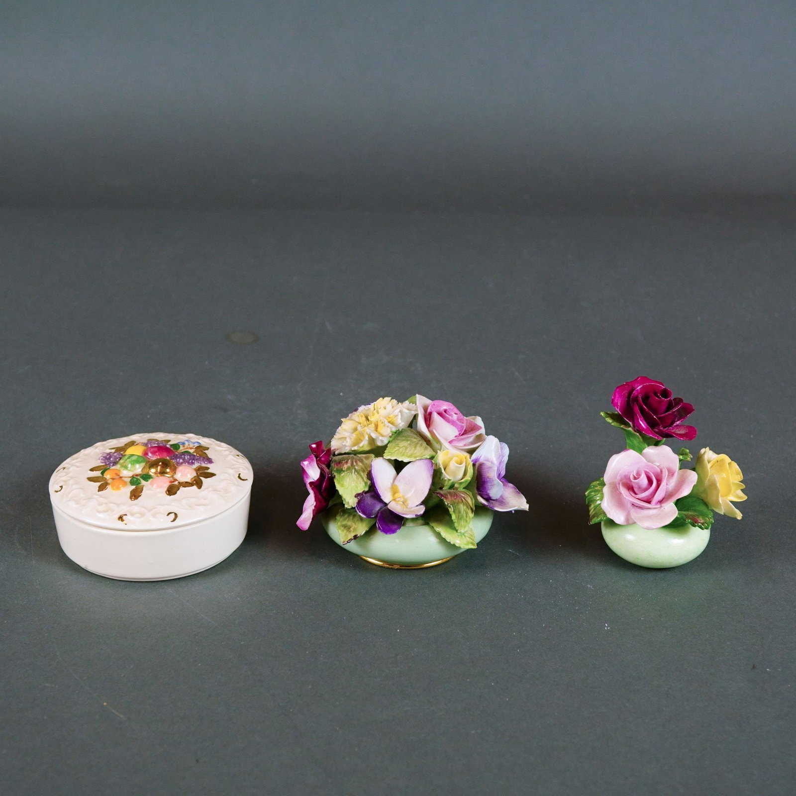 3pc Royal Adderley and Denton China Floral Figurines with Fruit Motif Treasure Box (1 of 3)