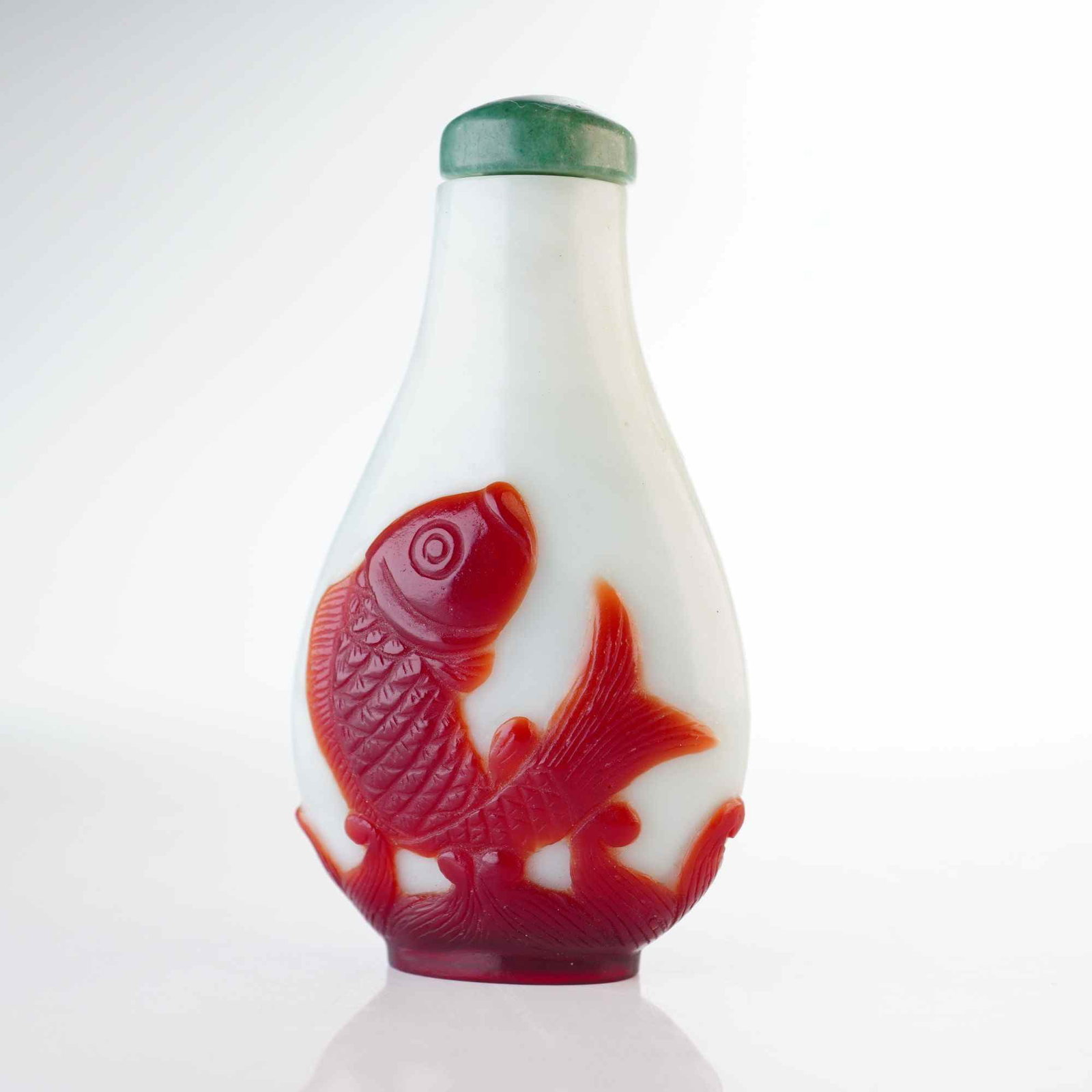 Peking Glass Overlay Snuff Bottle, White and Brown Fish (1 of 4)
