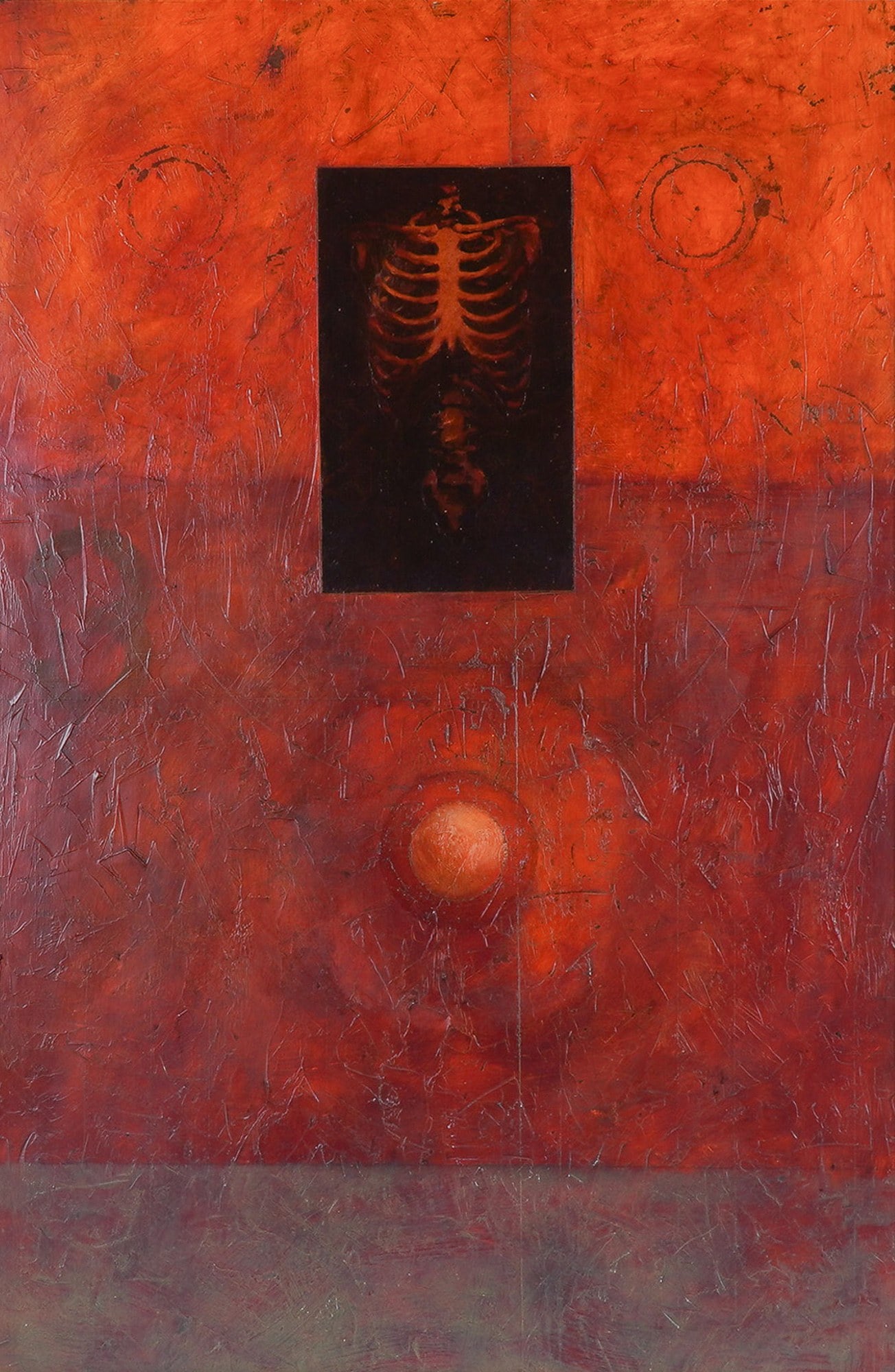 Sid Smith, Original Contemporary Textured Oil on Panel, A Condition, Signed: An intense, contemplative meditation on the physical and the cosmic, this textured oil on linen laid down on panel painting titled A Condition by Sid Smith from 1995-96 fuses anatomical iconography wi