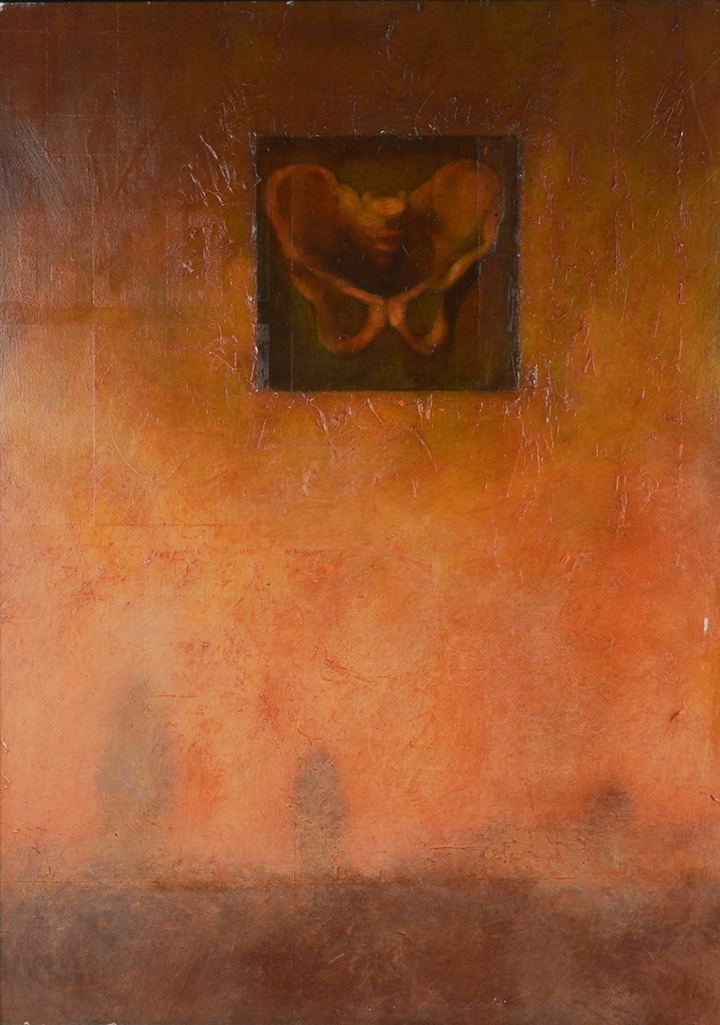 Sid Smith, Original Contemporary Textured Oil on Panel, Title God, Signed: This striking oil on panel titled God by artist Sid Smith presents a haunting yet contemplative image centered on a skeletal pelvis, rendered in a dark square against a richly textured burnt sienna an