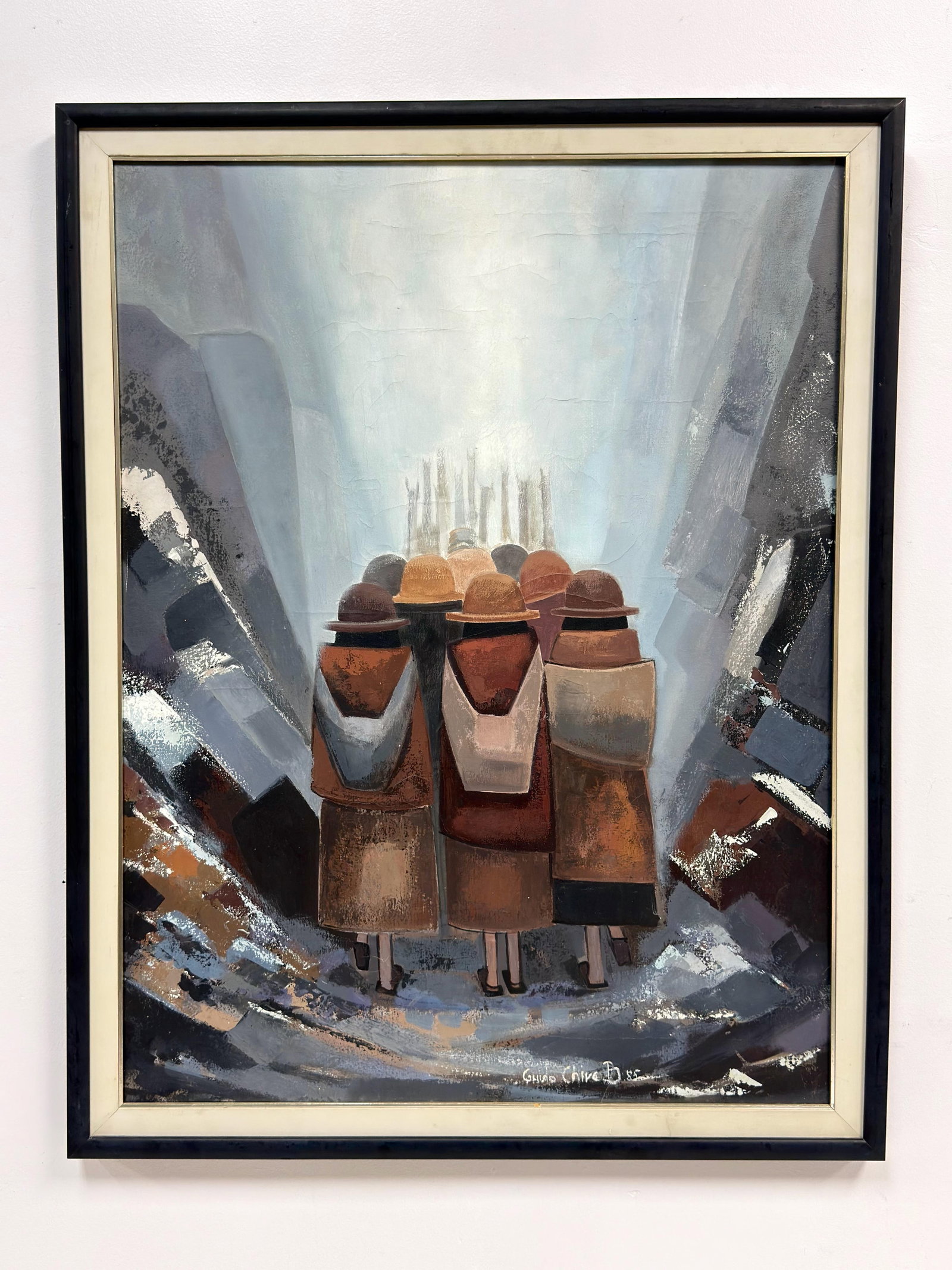 Guido Chire Balderrama (20th Century), Modernist Procession of Figures, Oil on Canvas, 1985: This original modernist oil painting on stretched canvas is signed and dated Guido Chire B. 85 along the lower right edge. The work depicts a group of cubist figures, likely representing Andean women 