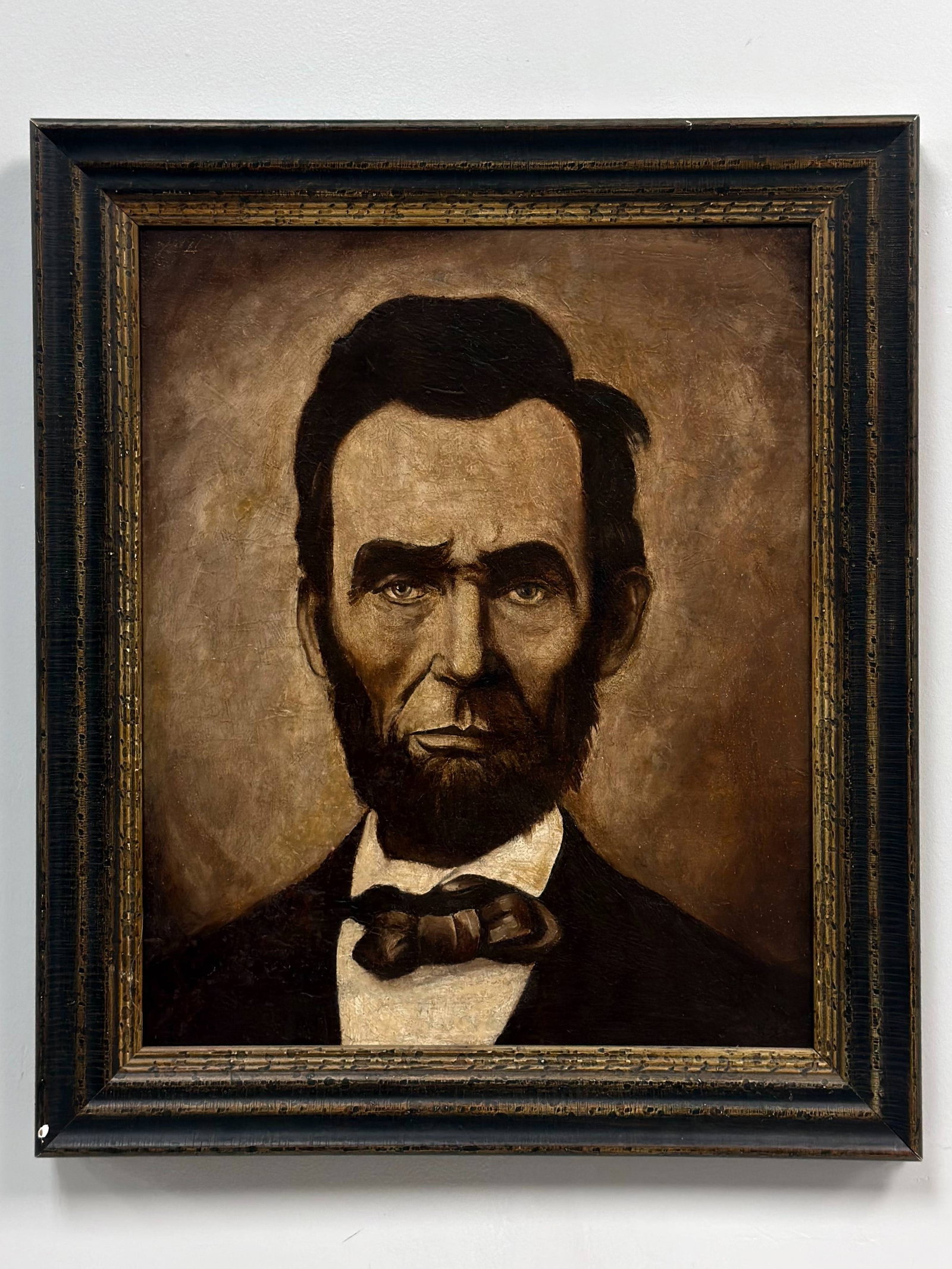 Portrait of Abraham Lincoln, Oil on Canvas: A framed oil on canvas portrait of Abraham Lincoln. The President is depicted in a bust-length, front-facing pose against a dark, tonalist background. The work is characterized by heavy texture and vi