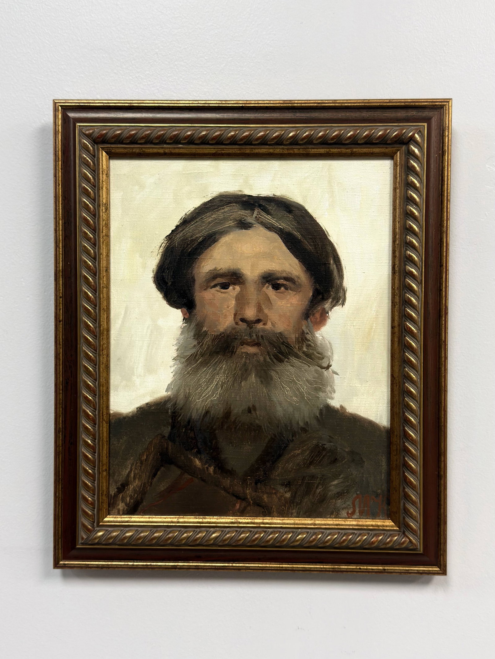 After Ivan Nikolaevich Kramskoi, Portrait of a Peasant, Oil on Canvas: This oil on canvas painting is a rendition after the famous 1882 work by Russian realist artist Ivan Nikolaevich Kramskoi titled Portrait of a Peasant. The work depicts the bust of an elderly man with