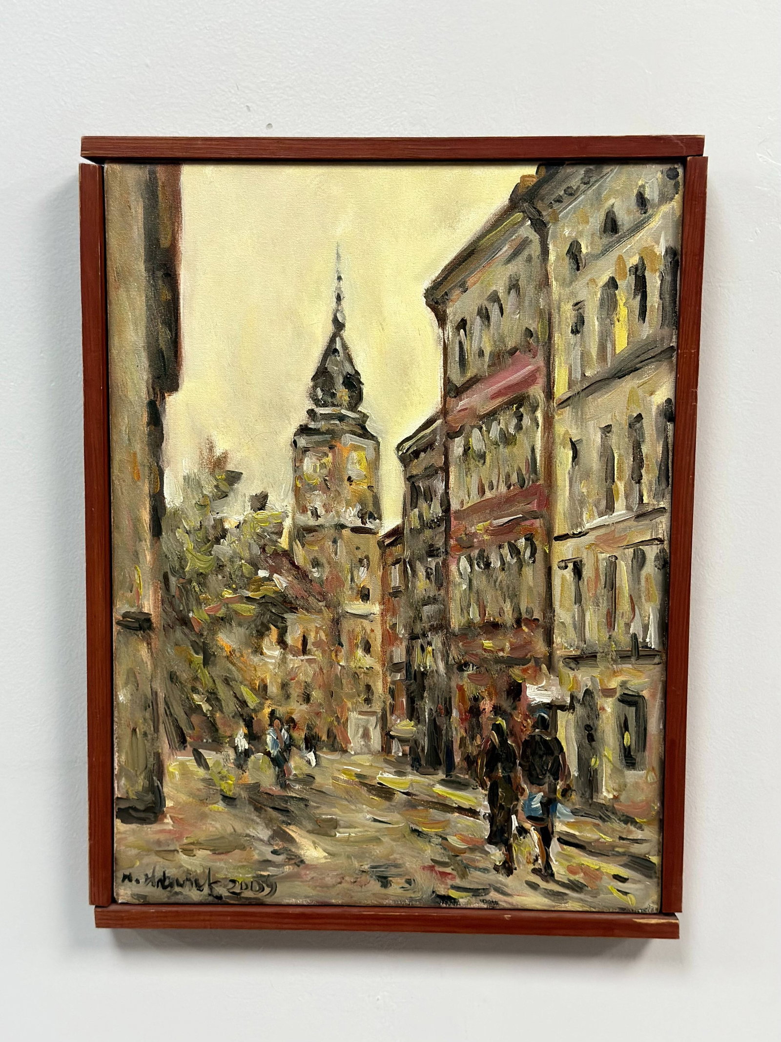 European Street Scene, Oil on Canvas, 2009: An original oil on cotton canvas painting depicting figures on a narrow thoroughfare leading toward a distant church spire. It is painted in a contemporary impressionist style using thick, gestural br