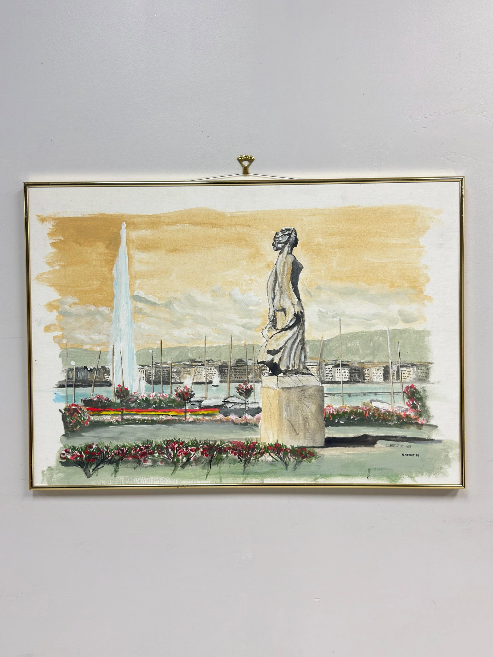 G. Herbst (20th Century), View of Geneva with La Brise and Jet d'Eau, Acrylic on Board, 1988: This original figurative painting, executed in 1988, depicts a prominent harbor view of Geneva, Switzerland. The composition is centered on the La Brise statue on a tall pedestal, set against the back