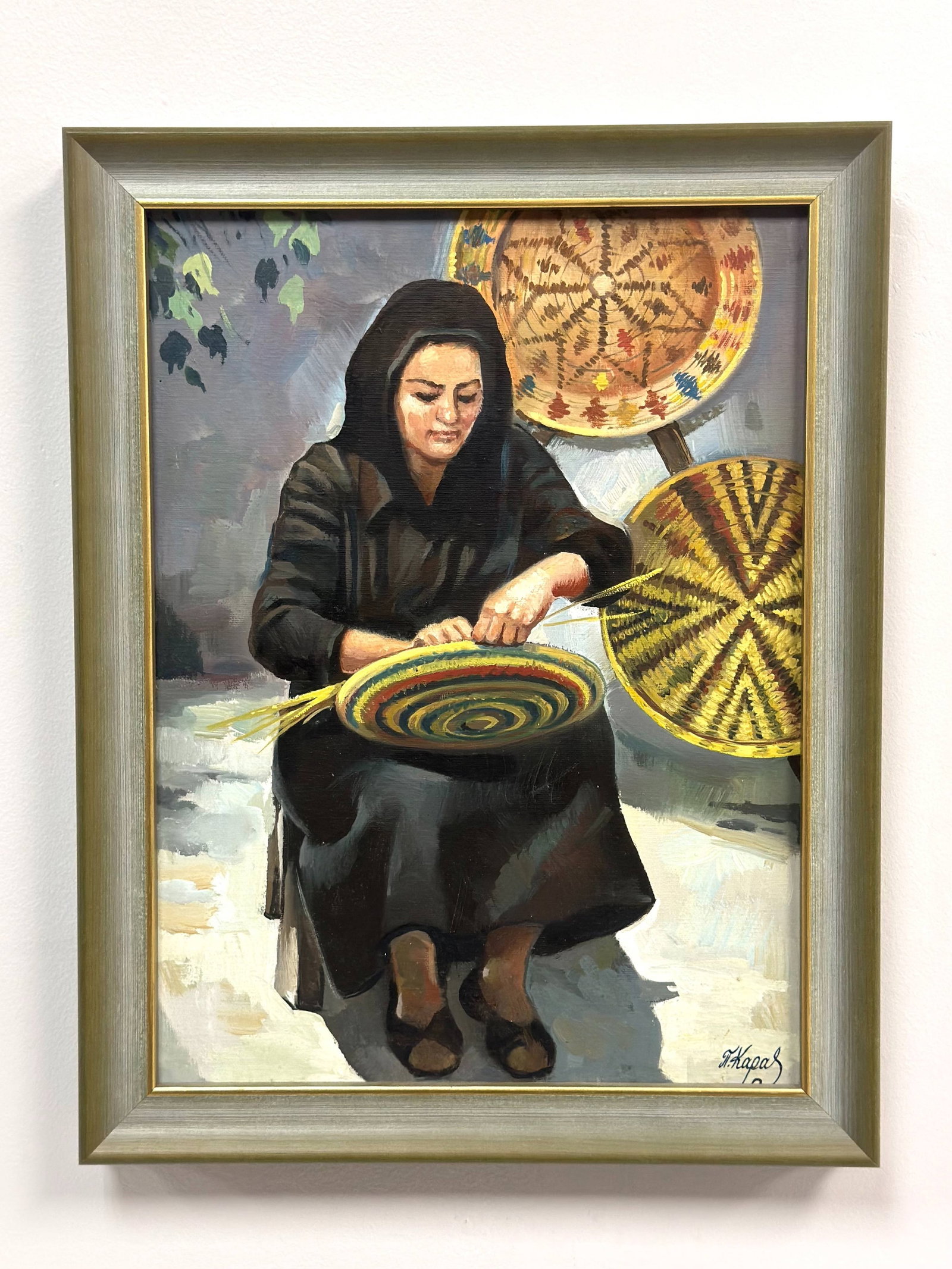 Kapas, Framed Original Oil Painting on Canvas of a Woman Weaving (1 of 4)