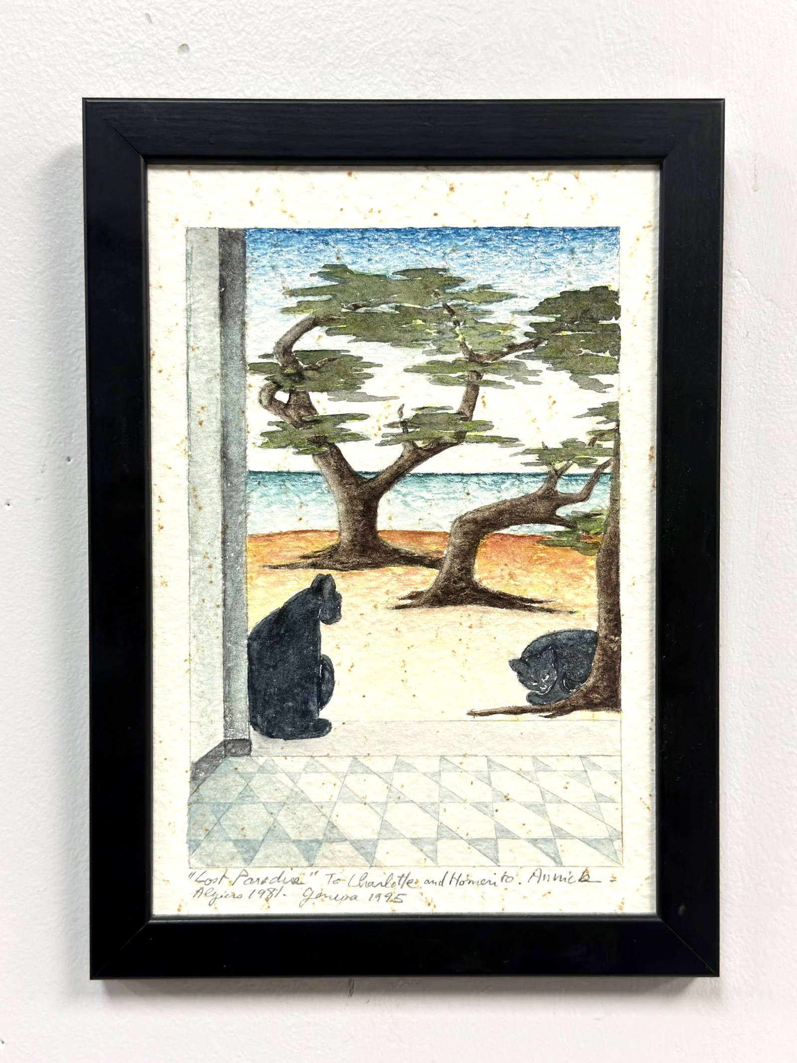 Lost Paradise, Watercolor on Paper, Coastal Landscape with Cats: This illustrative work features watercolor on heavy, textured handmade cream-colored paper. The composition depicts a stylized coastal scene with two black cats. In the foreground, one cat sits uprigh