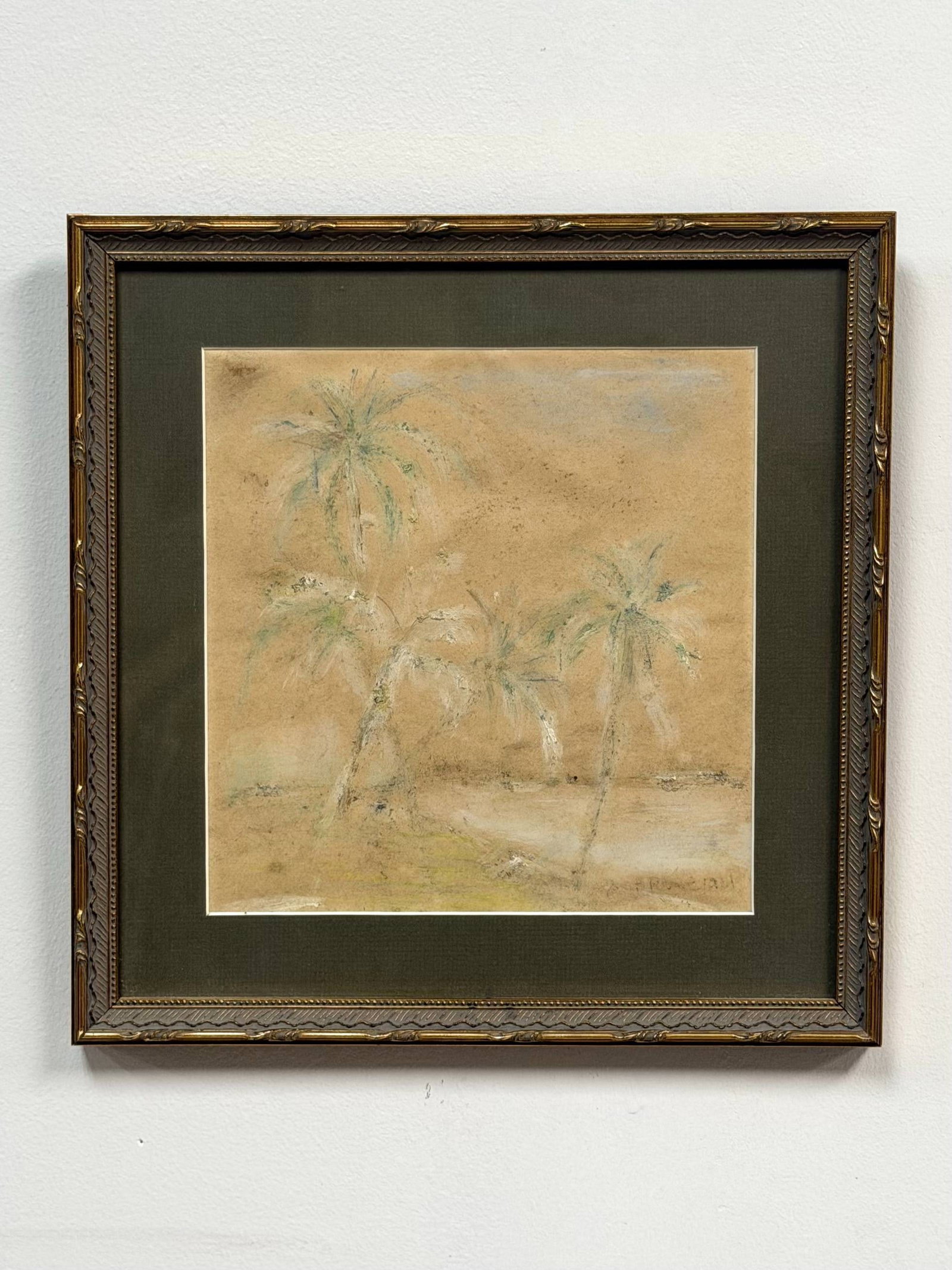 Tropical Landscape with Palm Trees, Pastel on Paper: This impressionistic pastel drawing on toned paper depicts a tropical landscape featuring several palm trees. The artist employs a loose, sketchy style to define the forms of the trees against a warm,