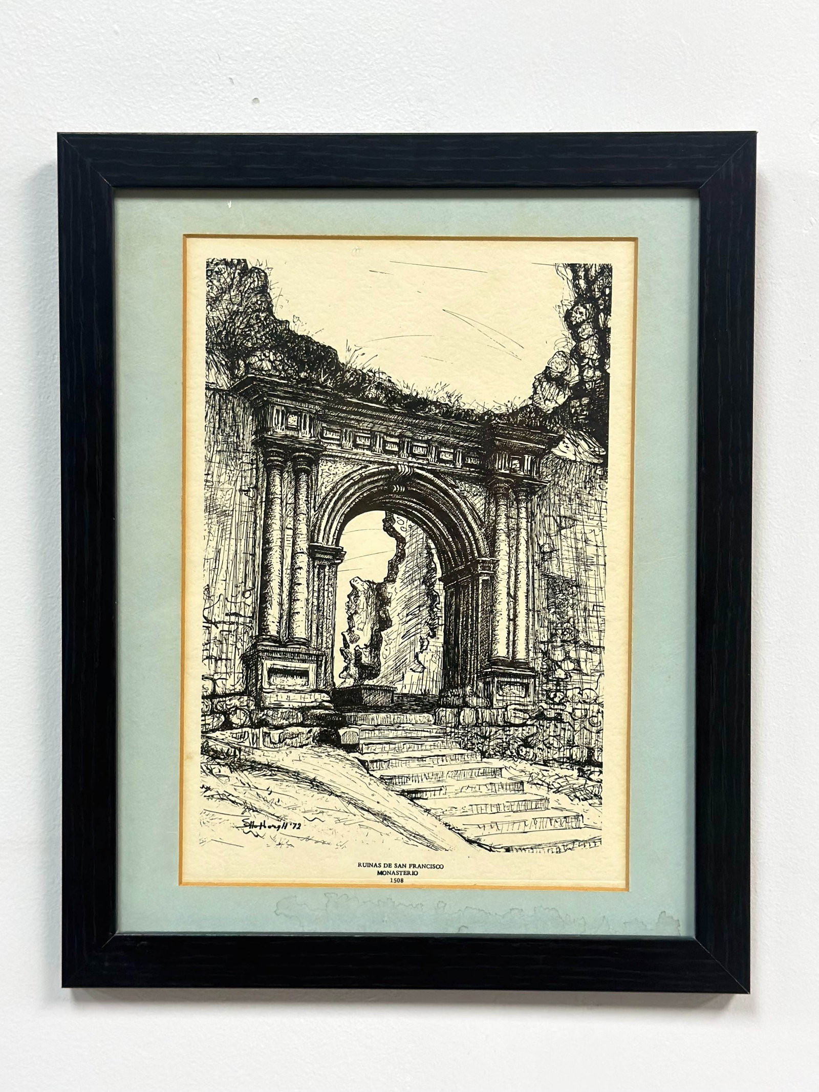 Shohozqh, Ruinas de San Francisco Monasterio, 1972 Print: This work is a print on paper, specifically a facsimile of a pen and ink drawing, depicting the architectural ruins of the Monastery of San Francisco (Ruinas de San Francisco) in Santo Domingo. The co