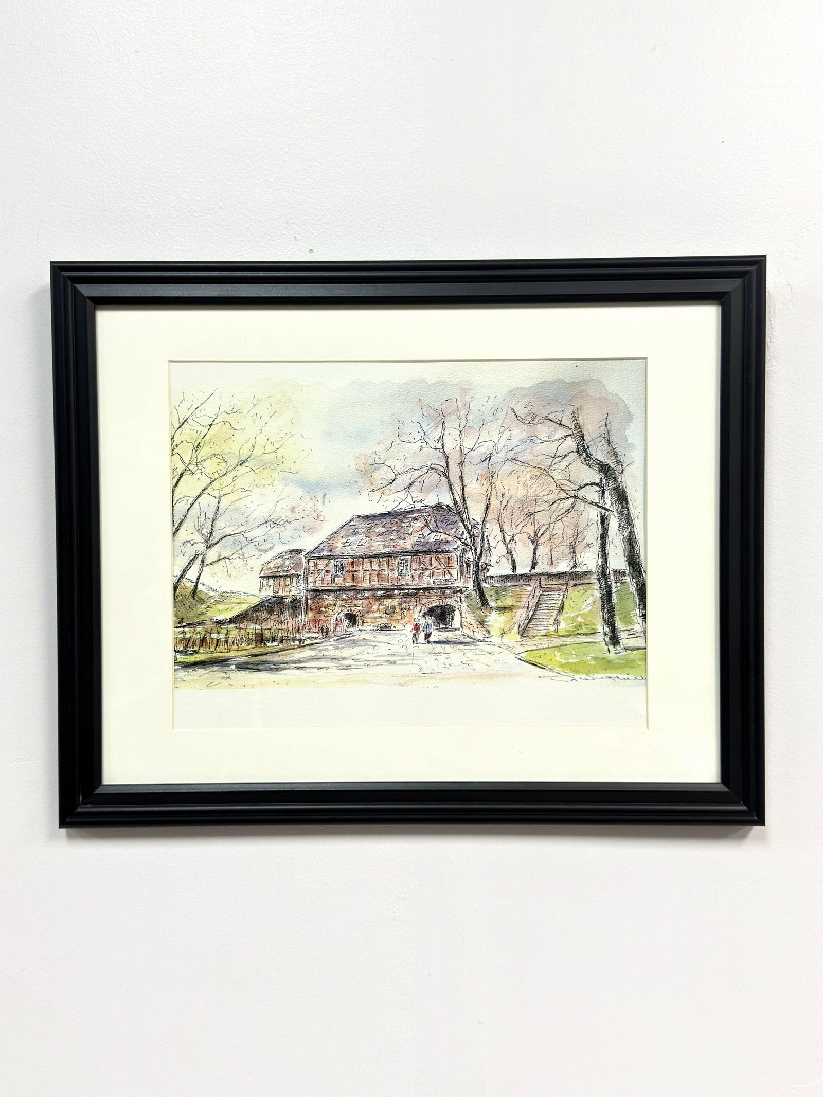 Tor Wilthill, Norway's Resistance Museum, Framed Illustration Print: This framed print of an illustration by Tor Wilthill depicts the Norges Hjemmefrontmuseum (Norway Resistance Museum) at Akershus Fortress in Oslo. The work is executed in an architectural line and