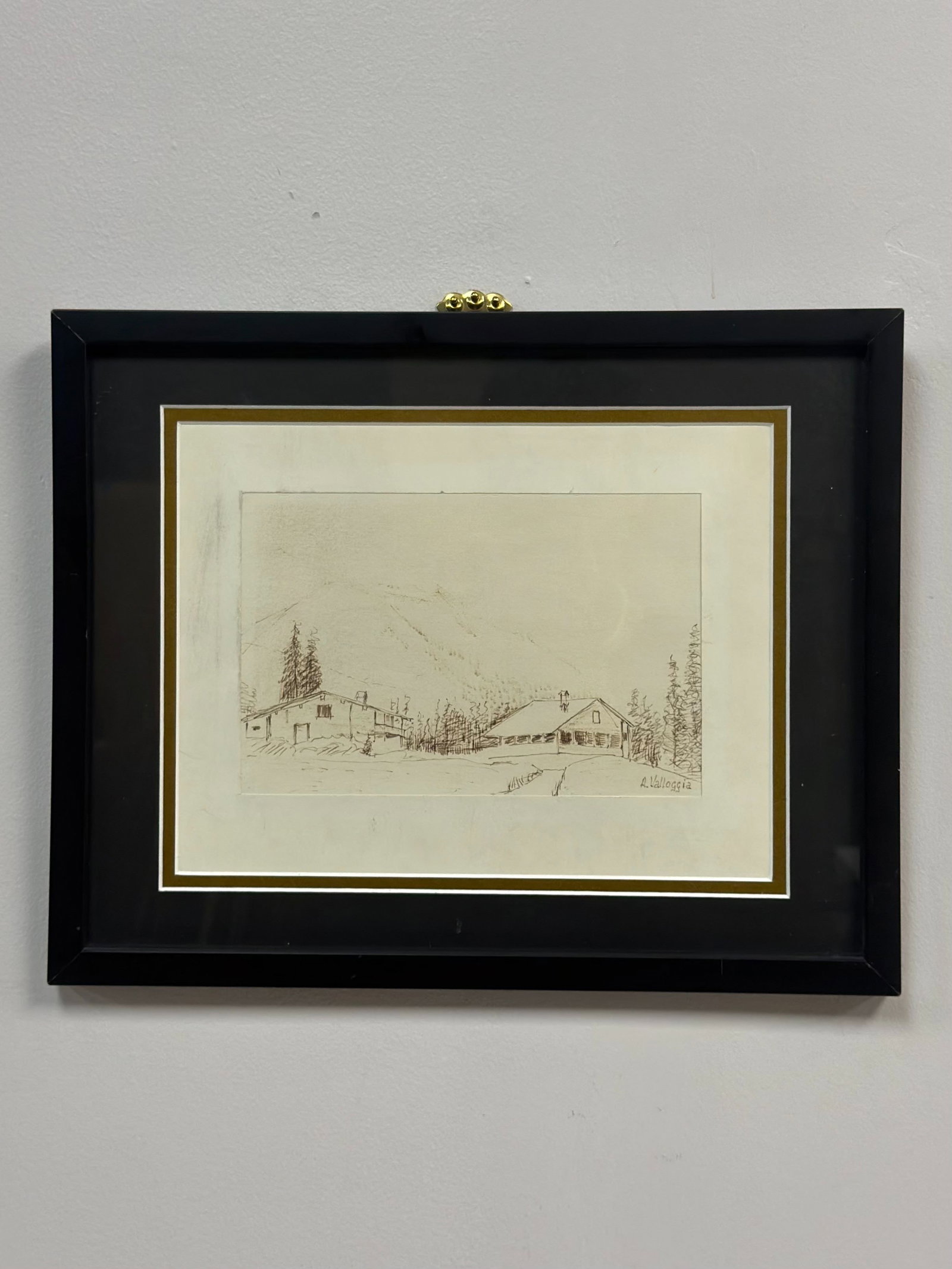 A. Valloggia, Alpine Landscape with Chalets, Ink Drawing: This original ink drawing on textured wove paper is signed in the lower right corner A. Valloggia. The work depicts a tranquil mountainous scene featuring two rustic chalets or lodges situated among e