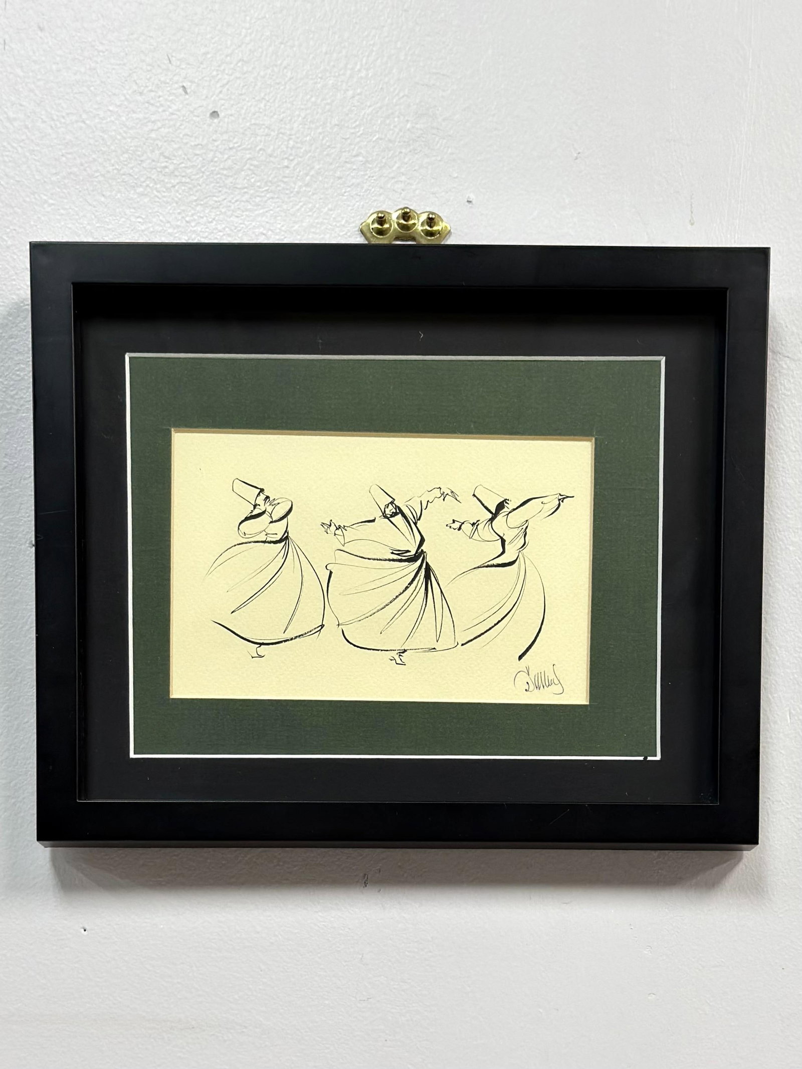 Three Whirling Dervishes, Ink on Paper: This minimalist ink on paper drawing depicts three whirling dervishes performing the Sema ritual. The composition is executed in a fluid, calligraphic style, using expressive line weights to