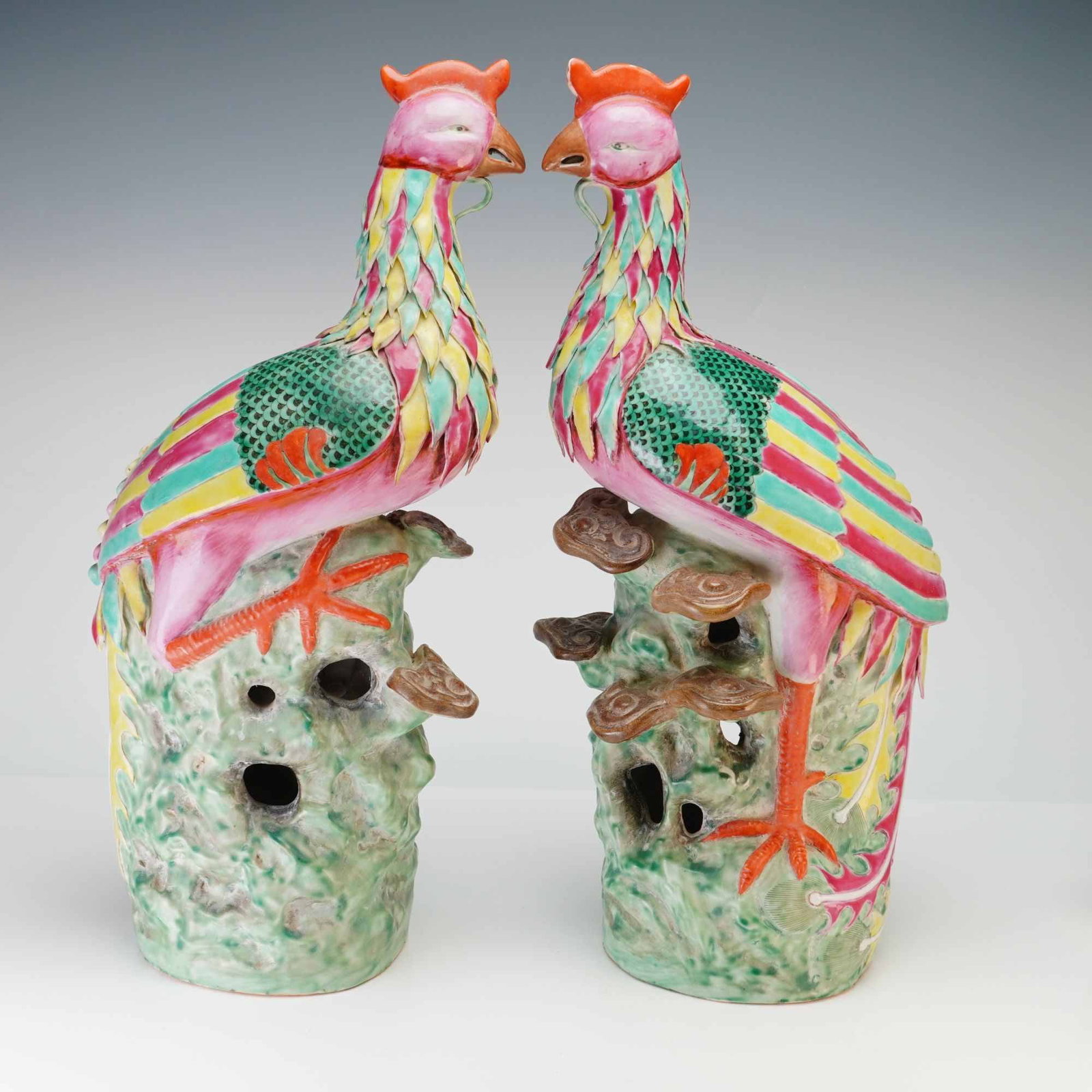 Pair of Chinese Famille Rose Porcelain Phoenix and Lingzhi Sculptures (1 of 4)