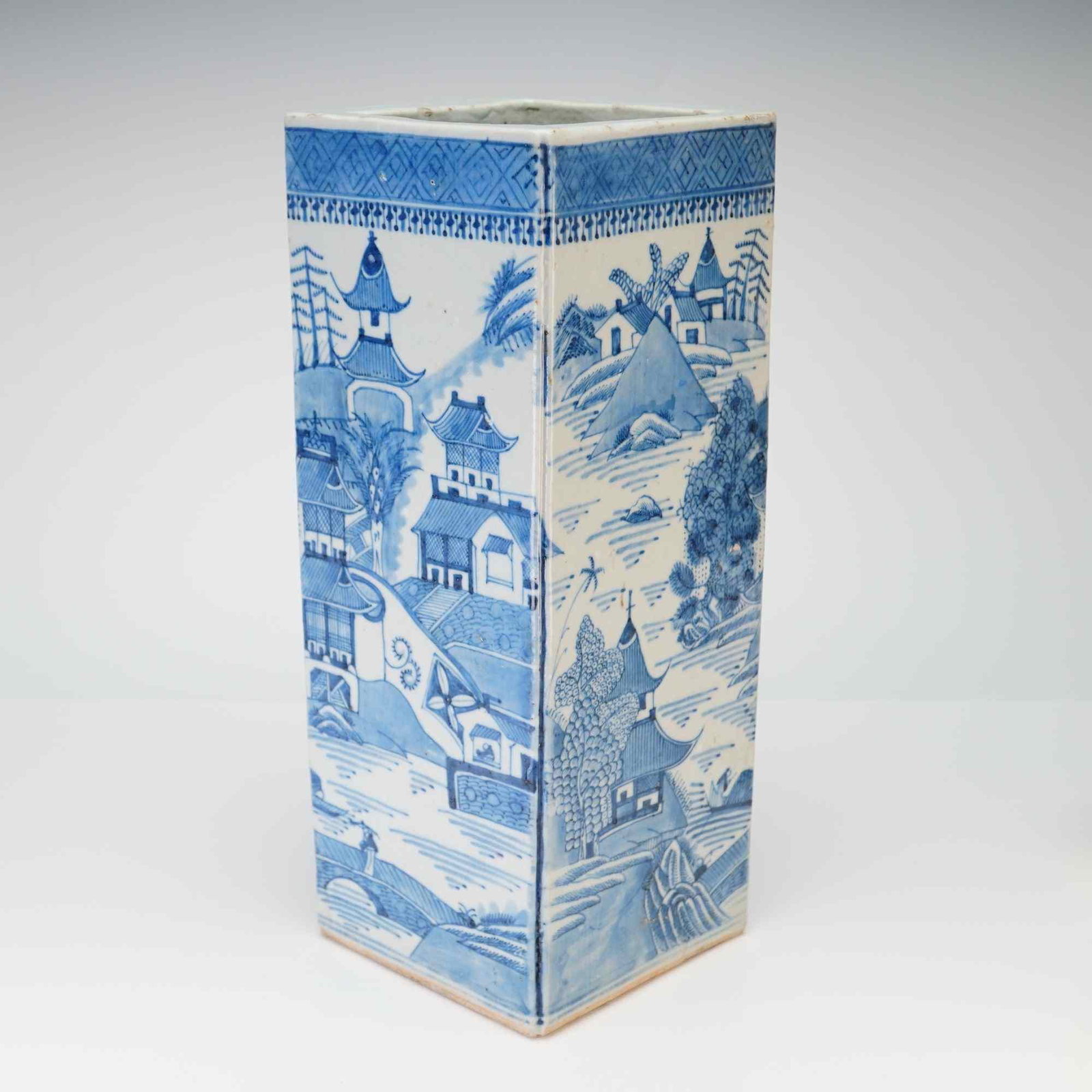 Chinese Blue and White Porcelain Square Form Vase, Landscape (1 of 4)