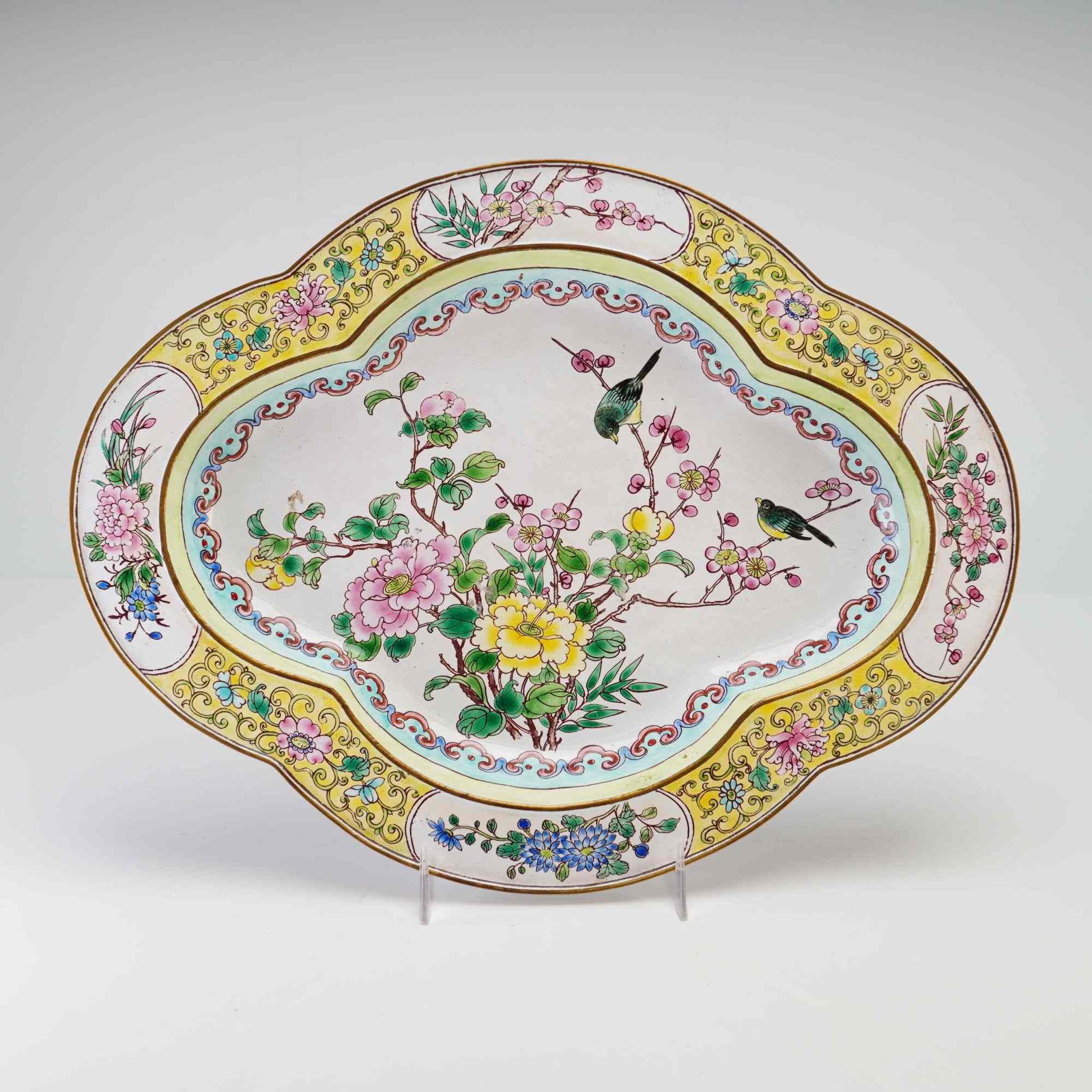 Chinese Canton Enamel Quatrefoil Form Dish, Birds and Flowers (1 of 2)