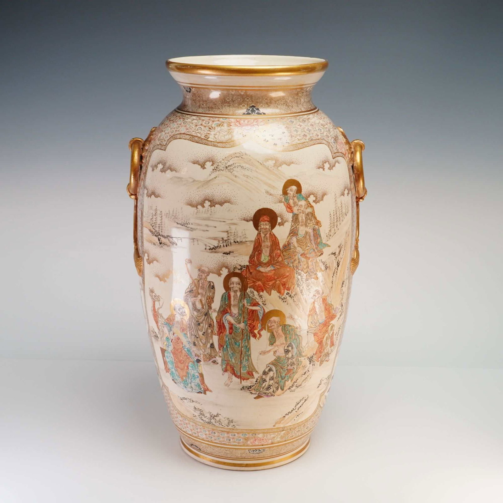 Japanese Large Satsuma Vase, Arhats, Faux Handles (1 of 3)