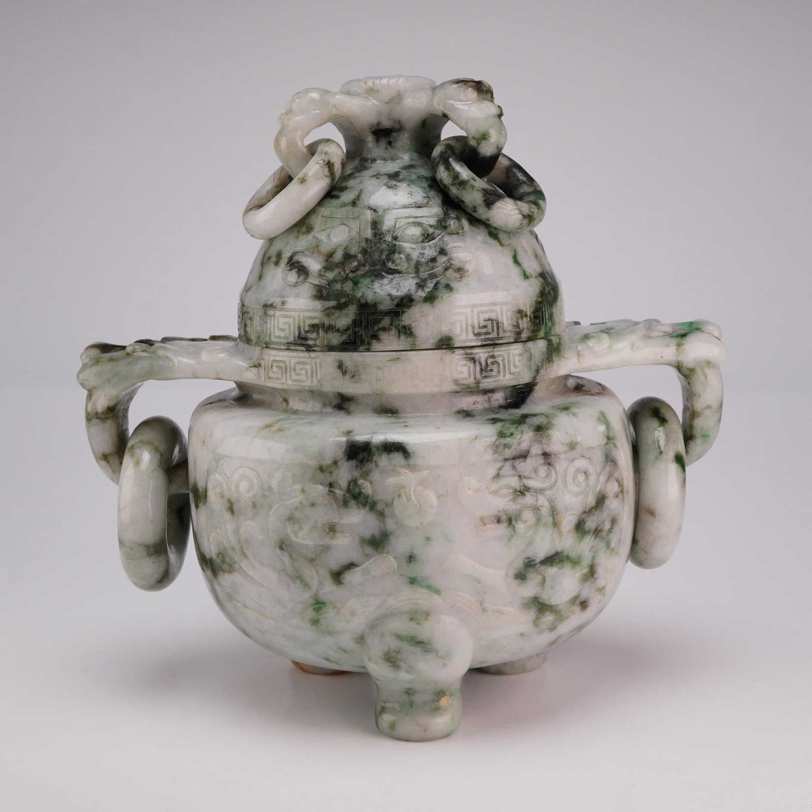 Jadeite Tripod Censer, Taotie Mask Design, Areas Moss Green (1 of 3)
