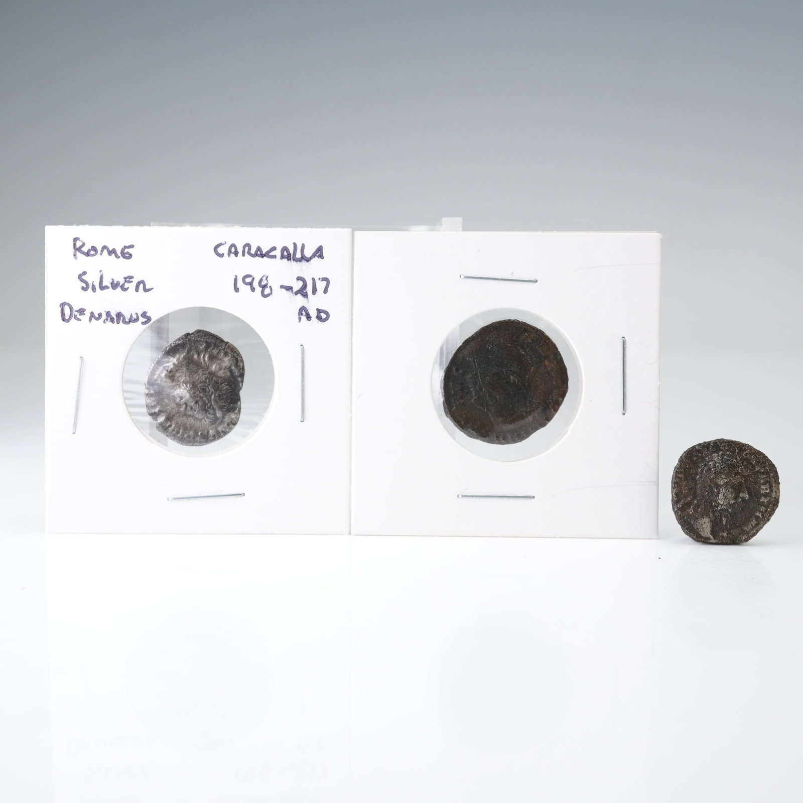3pc Ancient Roman Silver Denarius Coins: This group includes three individually identified Roman silver pieces attributed to the Imperial era. Each coin is struck in silver and produced at Roman Imperial mints active during the reigns indica