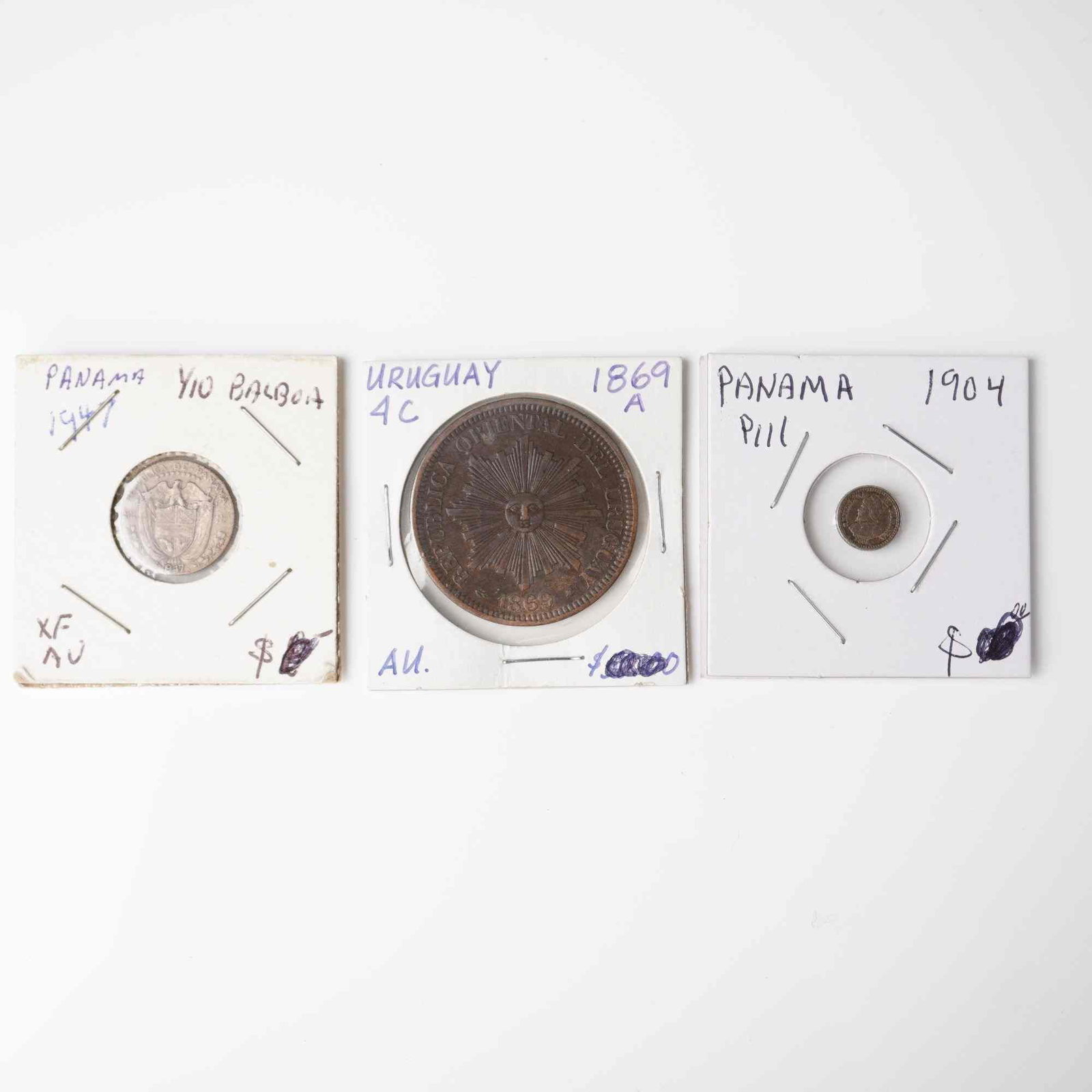 3pc 1869, 1904, 1947 Collection of International Coins- Uruguay, Panama (1 of 8)