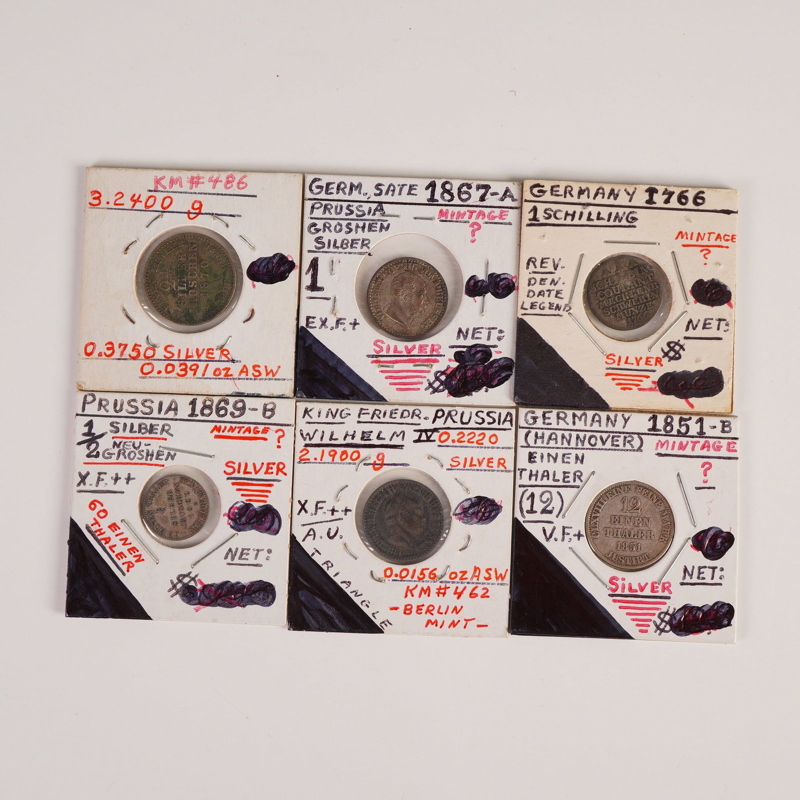 6pc German 1766 1 Shilling & 1851 to 1870 2 1/2, 1, 1/2 Silbergroschen Coin: he 1766 German 1 Schilling displays a crowned inscription with denomination on the reverse; silver content not specified. The 1851-B Hannover Einen Thaler shows a portrait of ERNST AUGUST on the obver
