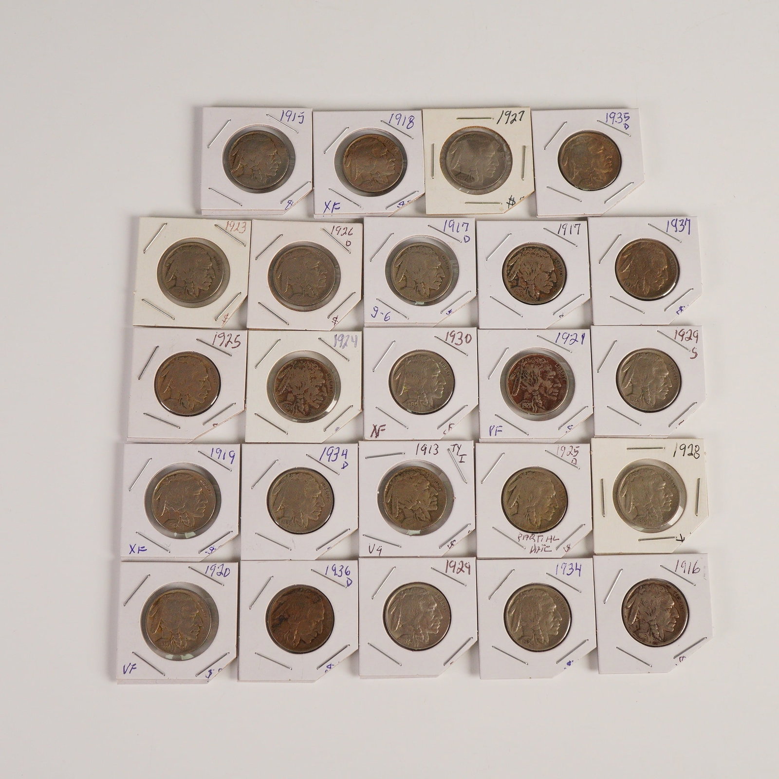 24pc 1915 to 1937-D/S Buffalo Nickel Coins: Each struck in copper-nickel alloy with a weight of 5 grams and a standard purity of 75 percent copper and 25 percent nickel, produced at various United States Mint facilities including Philadelphia, 