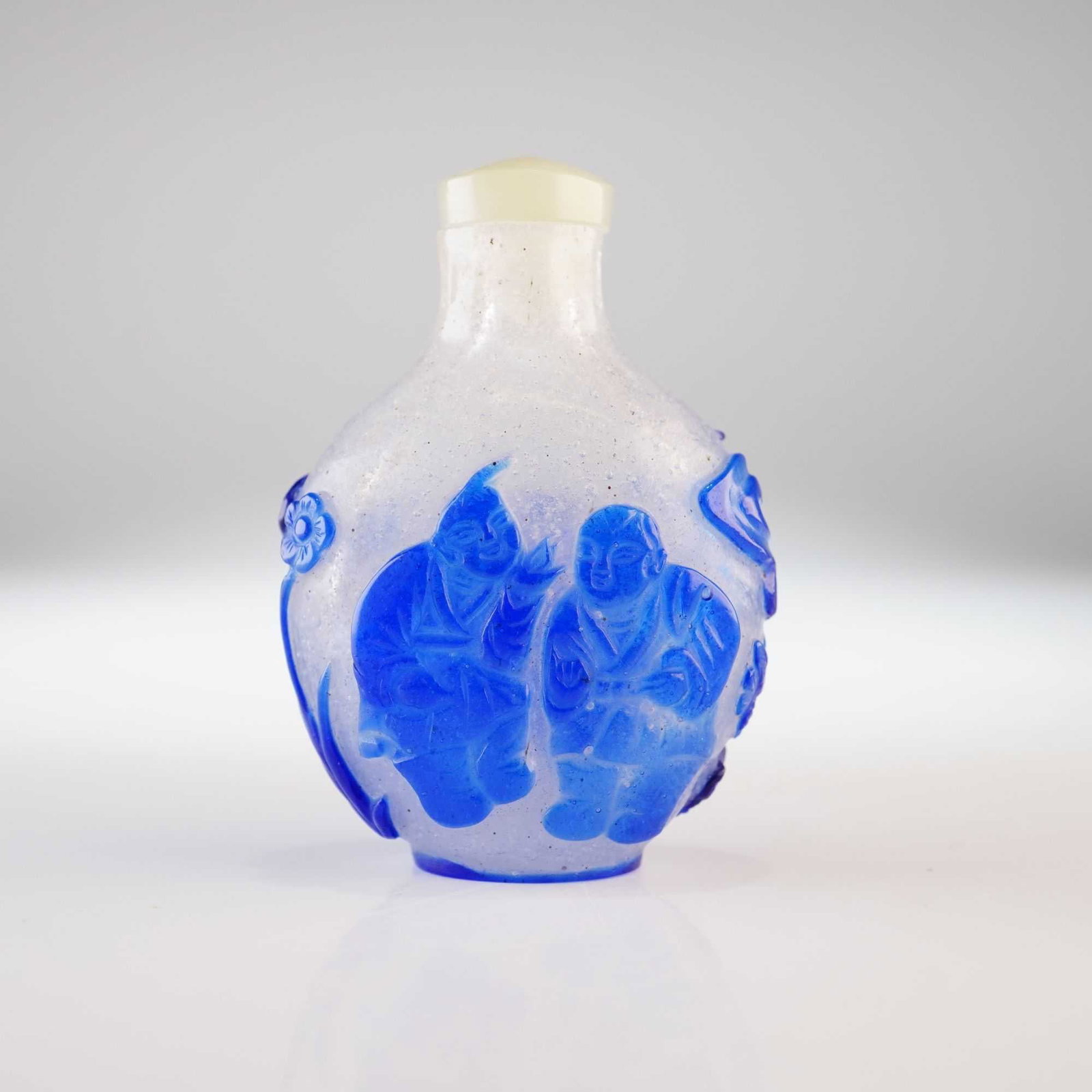 Peking Glass Snuff Bottle, Blue Overlay Boys and Water Buffalo (1 of 3)