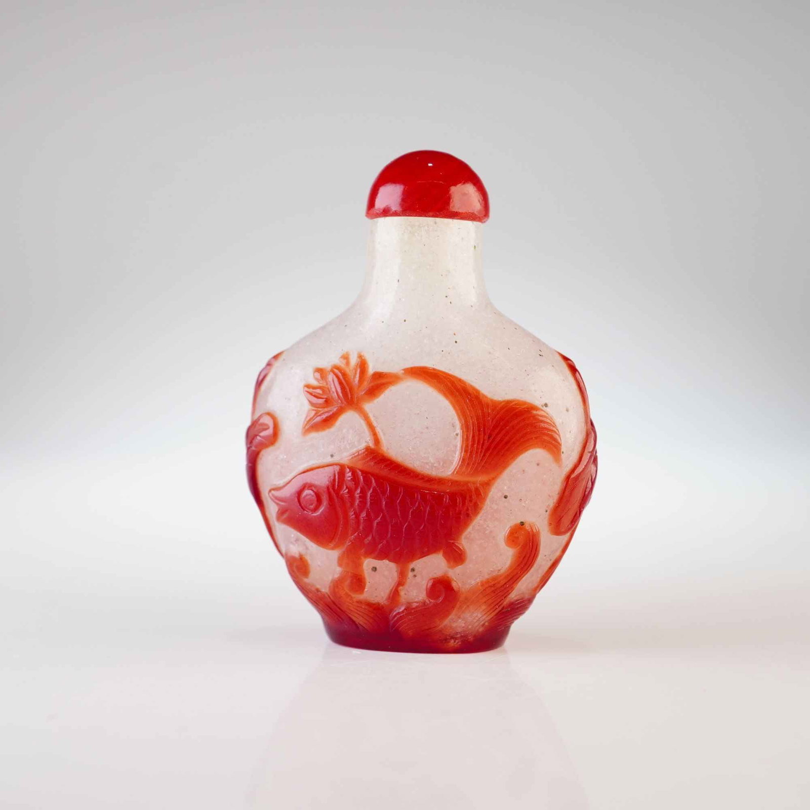 Peking Glass Snuff Bottle, Brown Overlay Fish and Lotus (1 of 3)