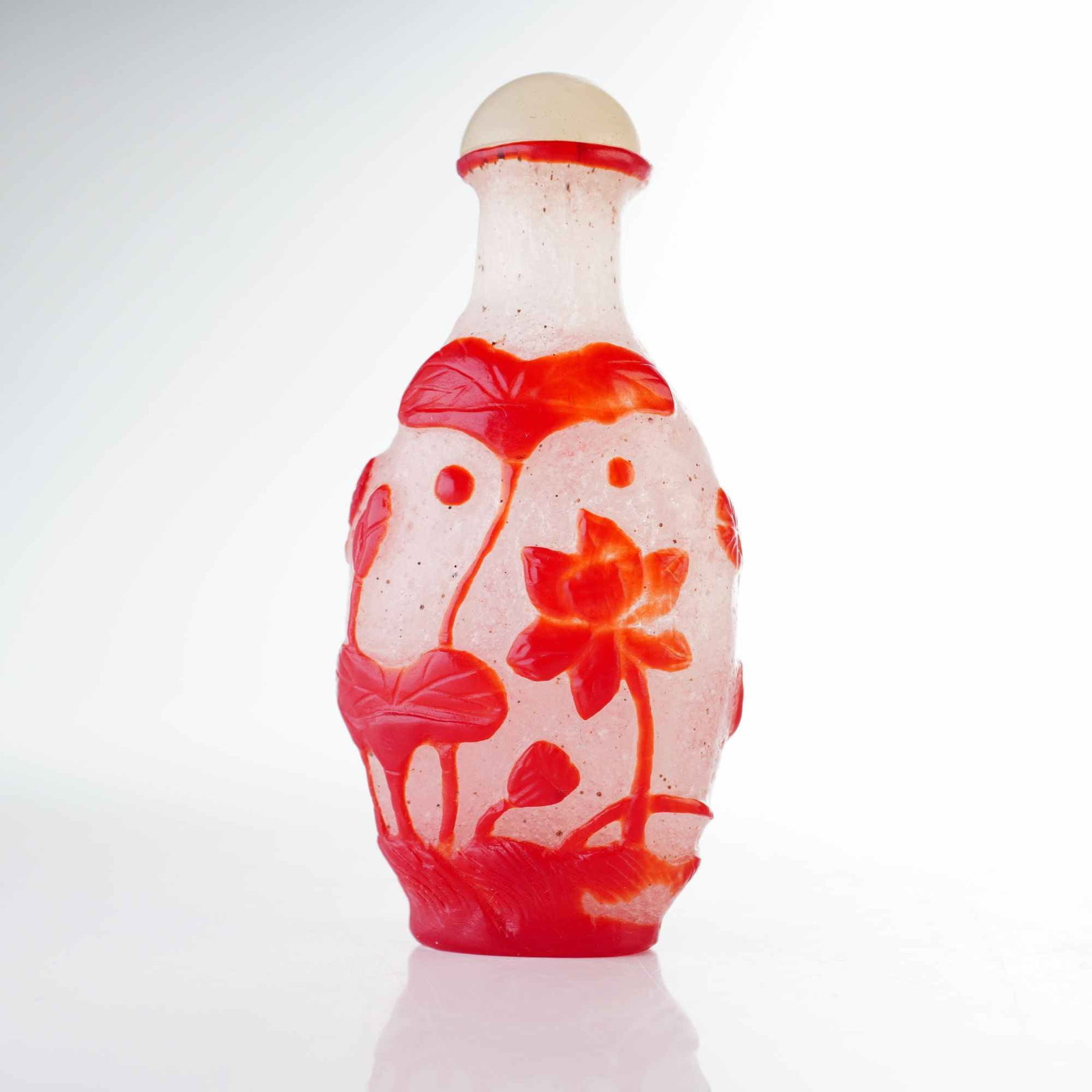 Peking Glass Snuff Bottle, Red Overlay Lotus Flowers and Leaves (1 of 3)