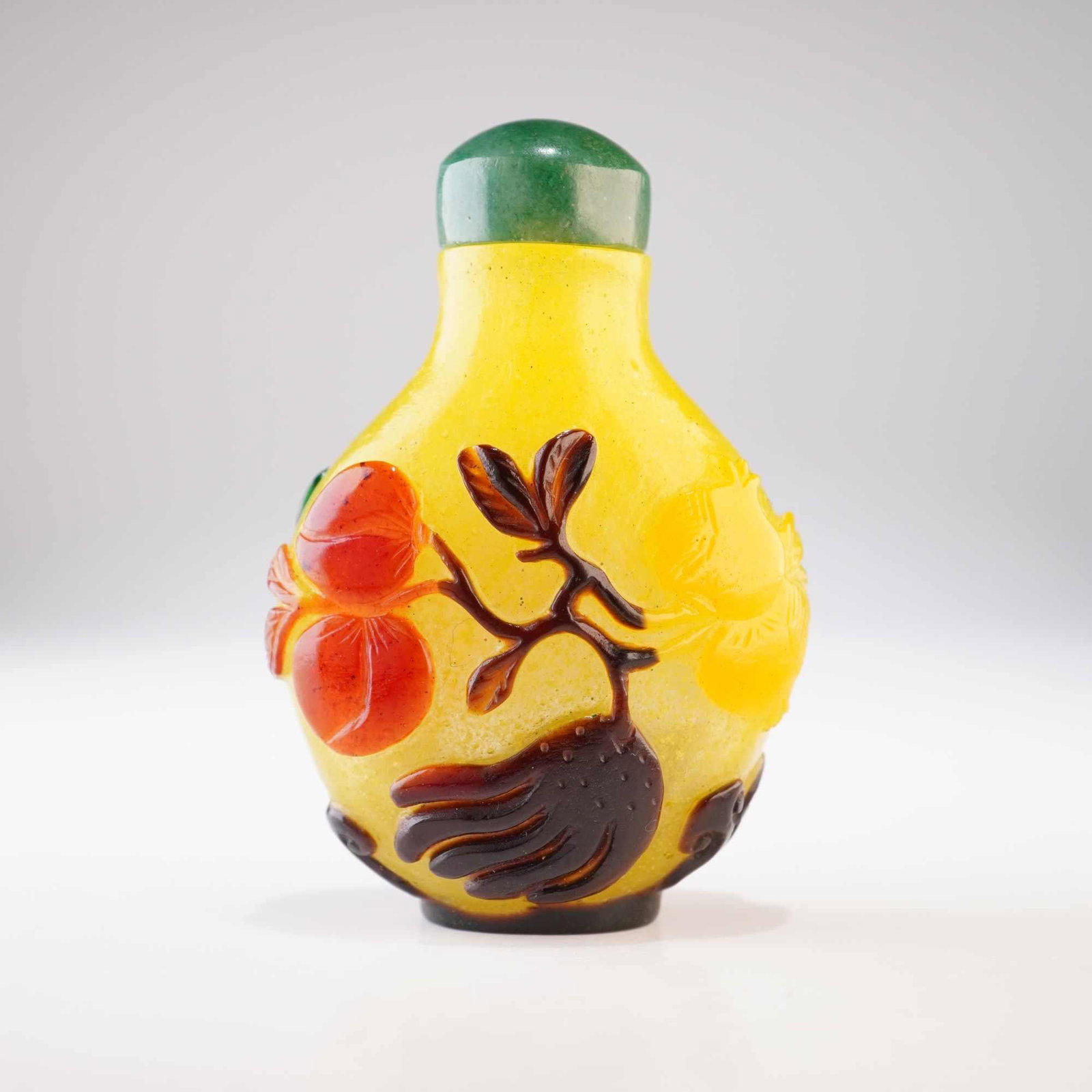 Peking Glass Snuff Bottle, Yellow with Multi-color Lingzhi, Peach, Citron, Pomegranate (1 of 3)