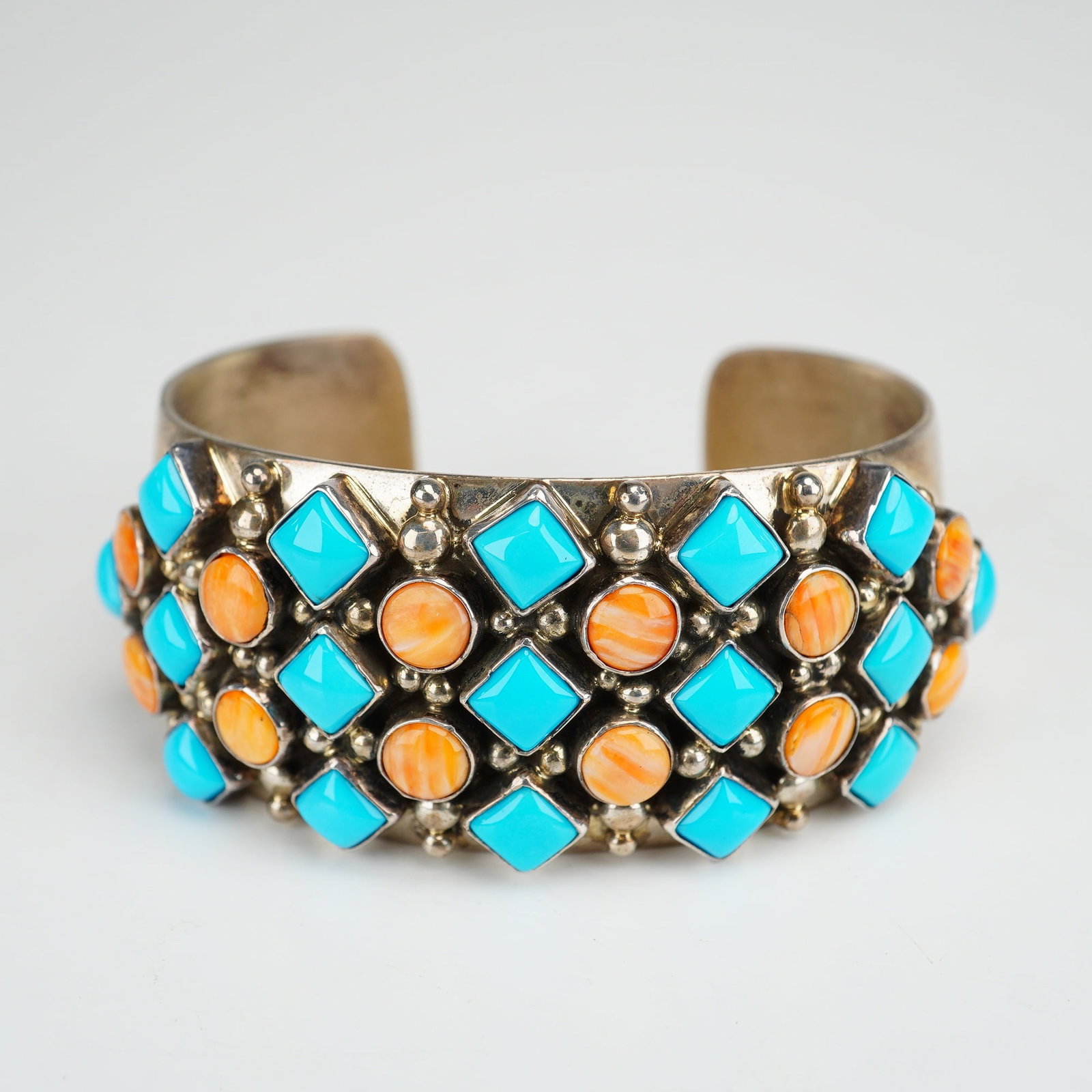 J.W. Toadlena Navajo Sterling Silver Turquoise and Spiny Oyster Shell Cuff Bracelet (1 of 4)