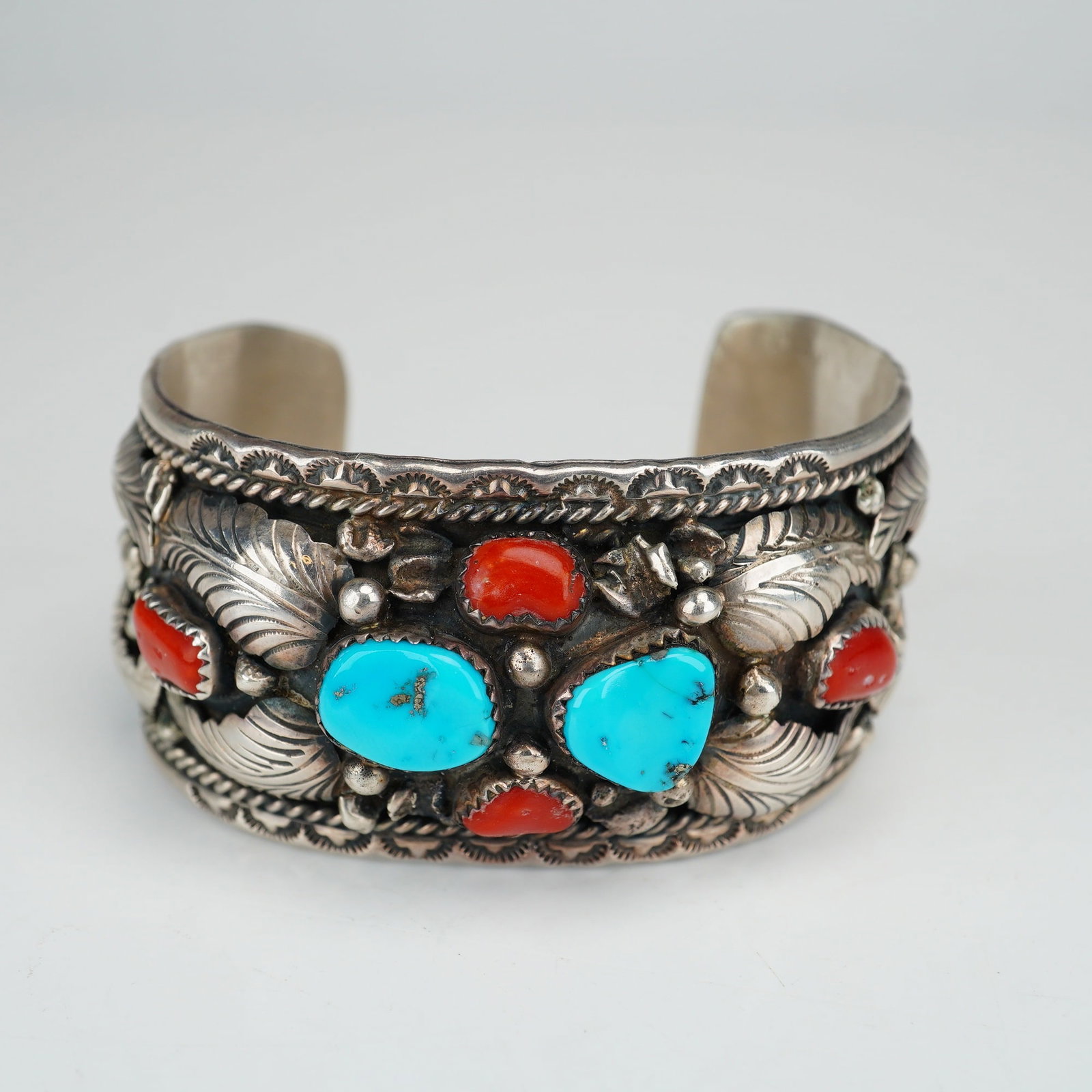 Navajo Sterling Silver Turquoise and Coral Cuff Bracelet (1 of 4)