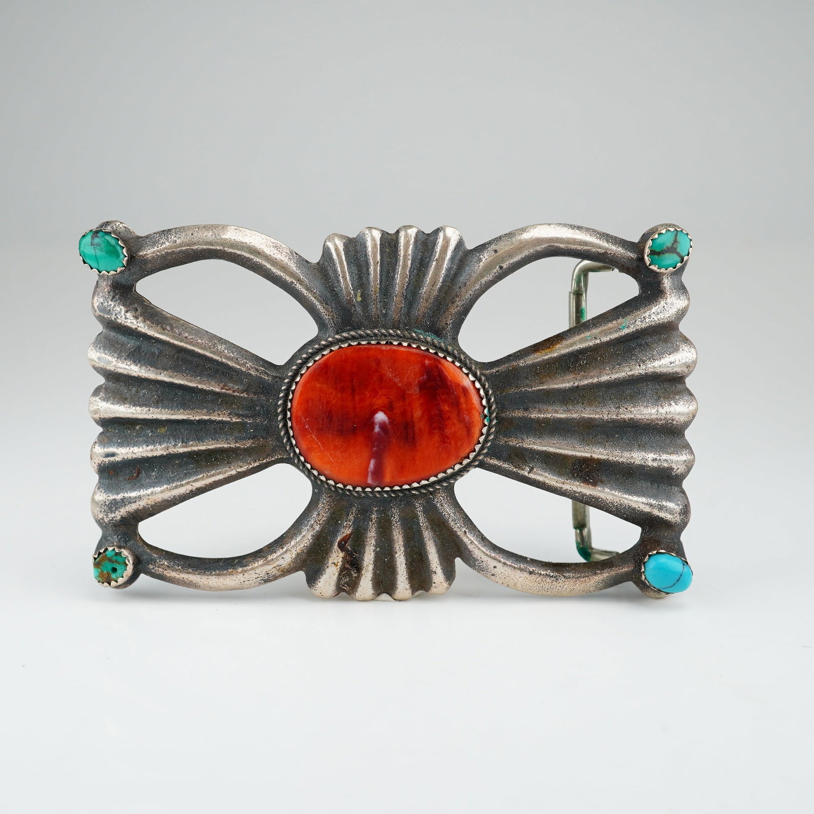 Navajo Sterling Silver Spiny Oyster and Turquoise Belt Buckle Signed MC (1 of 3)