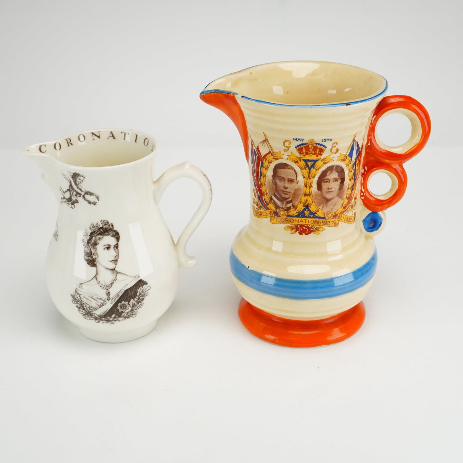 Two English Mini Pitchers Commemorating The 1937 and 1953 Coronations: This lot features two English China mini pitchers produced to commemorate British royal coronations. The first is an earthenware pitcher manufactured by Wadeheath, England, for the 1937 coronation of 