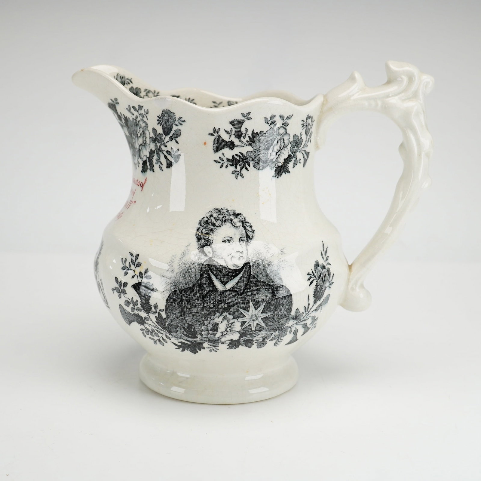 Royal Doulton King George IV Old Scotch Whiskey Decorated Pitcher: A Royal Doulton glazed earthenware pitcher produced as an advertising and commemorative item for King George IV Old Scotch Whisky. The vessel features a bulbous form with a scalloped rim, a waisted ne