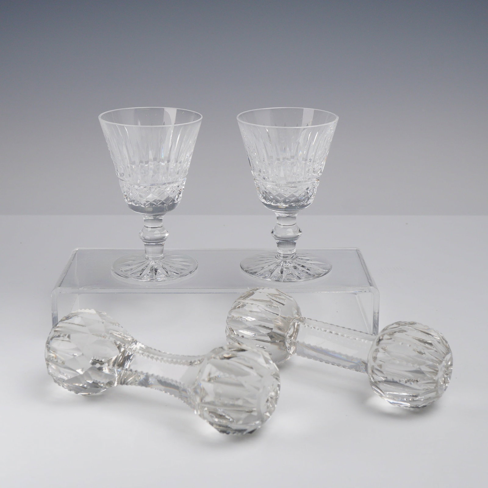 4pc Waterford Tramore Small Goblets and Crystal Knife Rests: This four-piece assembly of fine lead crystal includes two petite stemmed goblets and a pair of coordinating knife rests. The small glasses, designed for sherry or cordials, are Waterford creations in