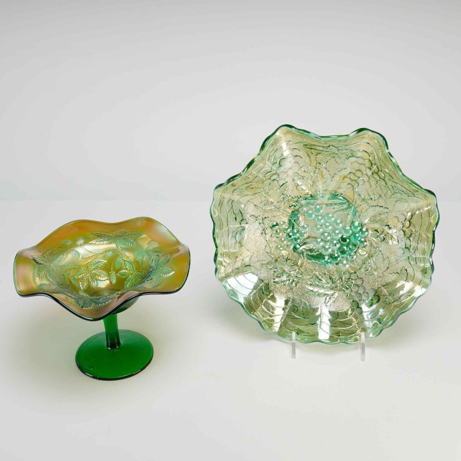 Two Pieces of Green Carnival Glass Including Northwood Grape and Cable Bowl (1 of 3)