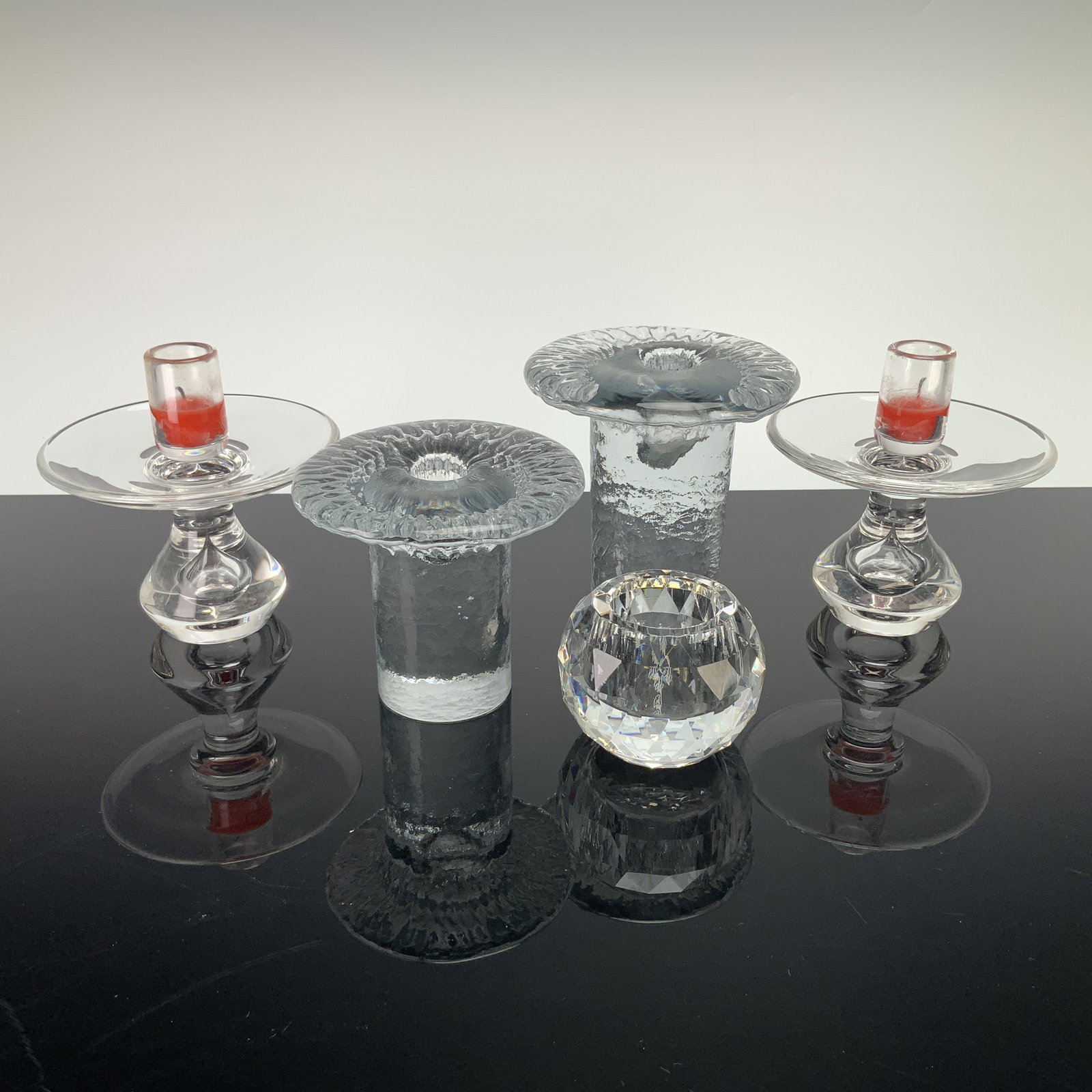 5pc Collection of Steuben Glass Teardrop Holders, Blenko Mushroom Candle Holders, and Oleg Cassini (1 of 6)