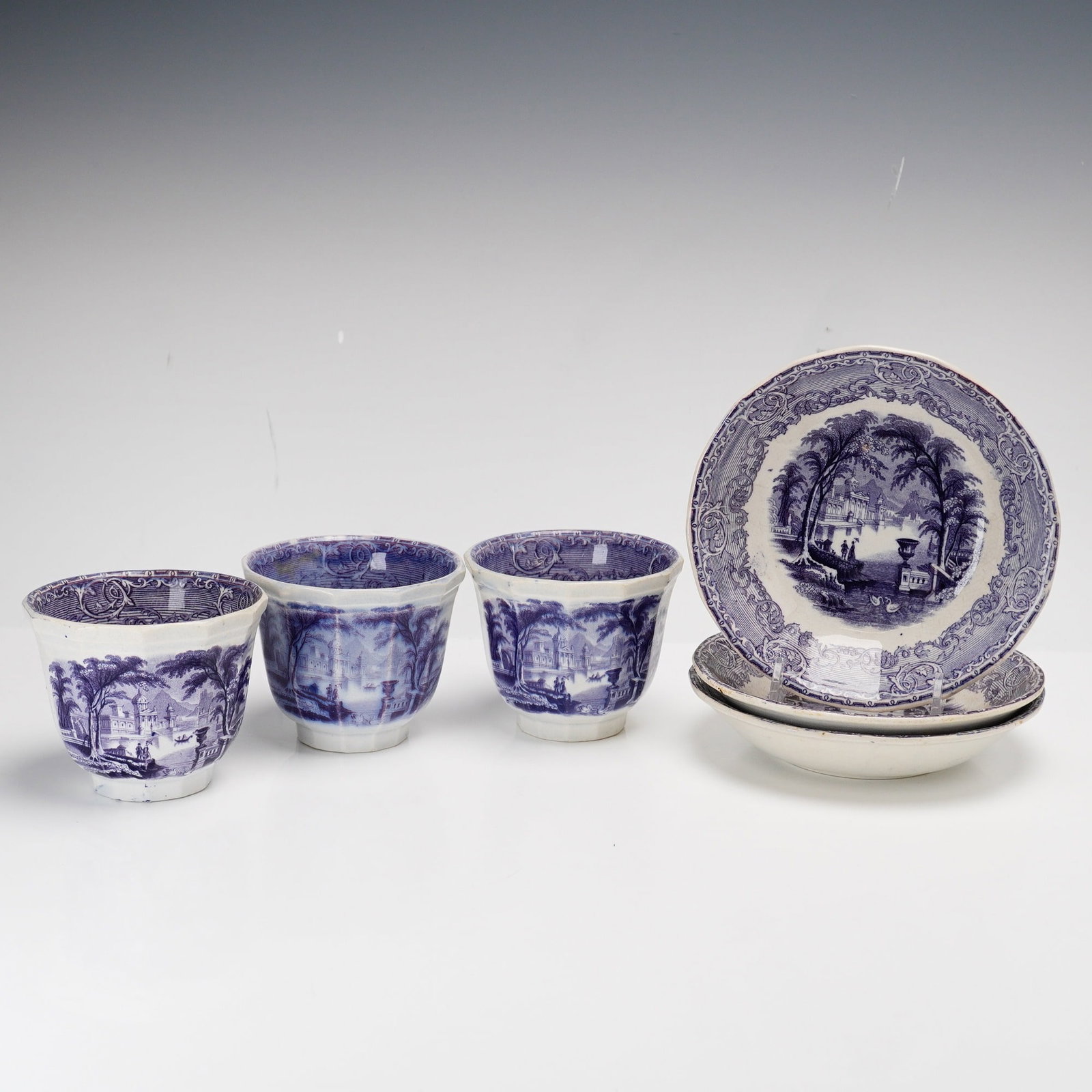 6pc Podmore Walker and Co Pearl Stoneware Handleless Cups and Saucers, Venus Pattern: This set of 6 ceramic pieces consists of three handleless tea cups and three deep saucers manufactured by Podmore, Walker and Co. of Tunstall, Staffordshire, England, dating to the mid-19th century. T
