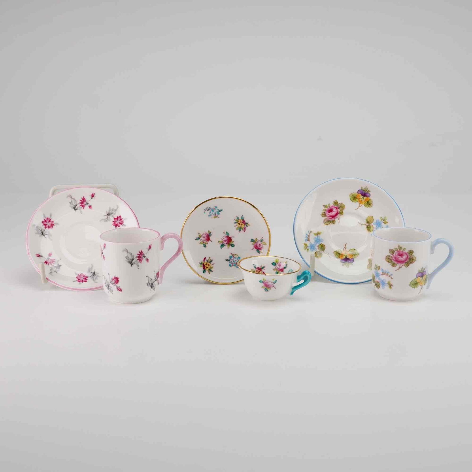 Lot of Three Miniature Floral Fine Bone China Cup and Saucer Sets, Shelley and Crown Staffordshire (1 of 4)
