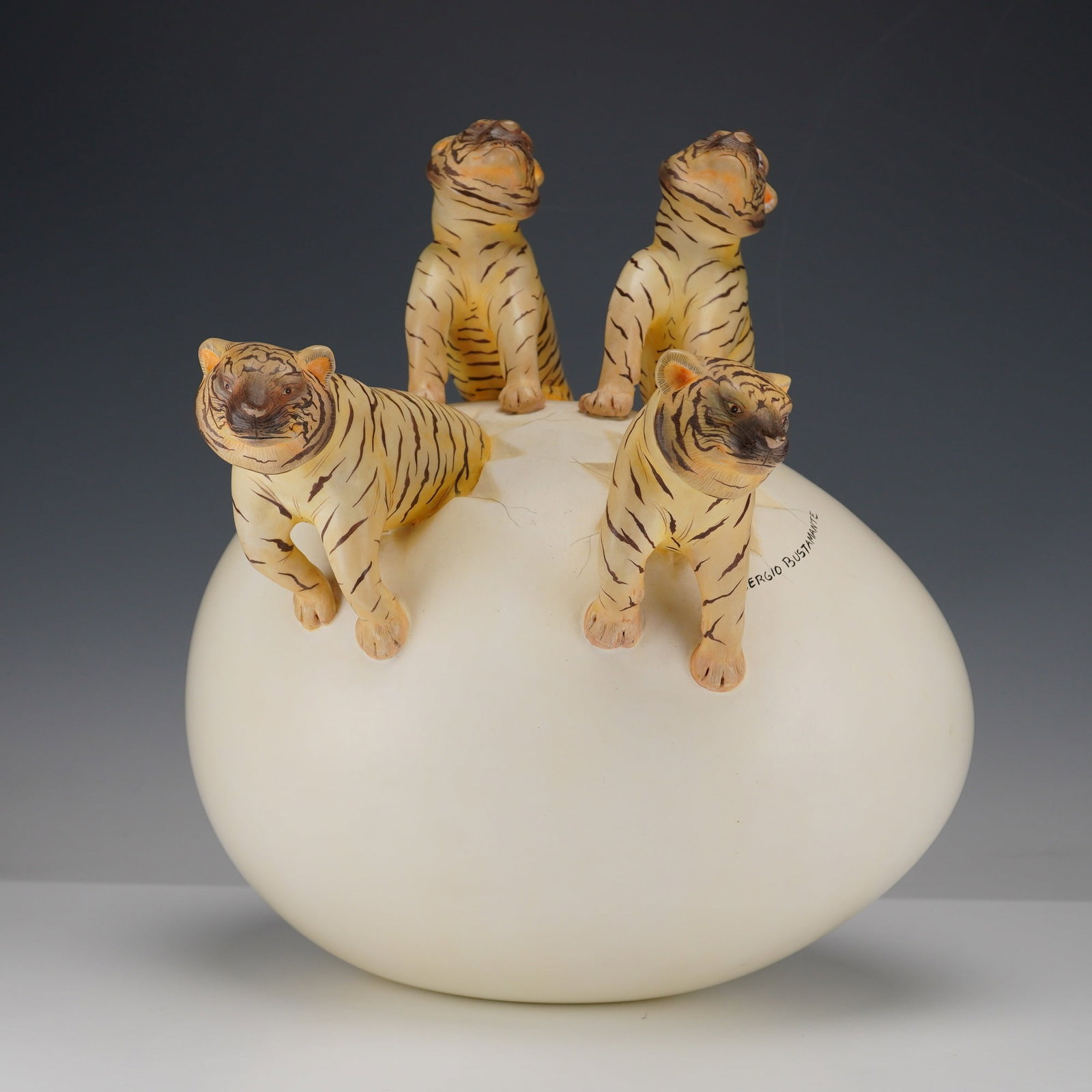 Sergio Bustamante Mexican Folk Art Sculpture, Tiger Cubs on Egg, Signed (1 of 4)