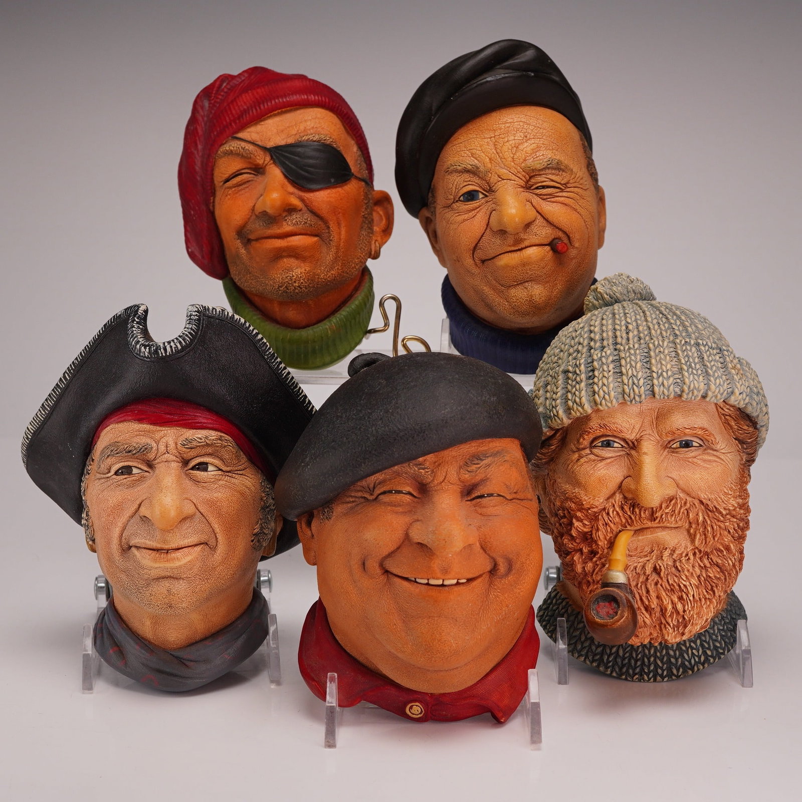 5pc Bossons England Hand-Painted Chalkware Seafarer Character Wall Plaques: This collection consists of five hand-painted chalkware character wall plaques produced by Bossons in Congleton, England. These vintage English artware pieces feature nautical and European subjects in