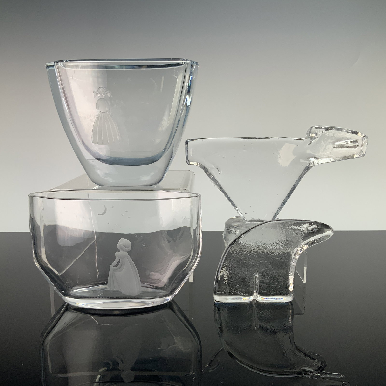 A Collection of 4 Art Glass Pieces Including Two Glass Block Figurines and Two Etched Glass Vases (1 of 6)